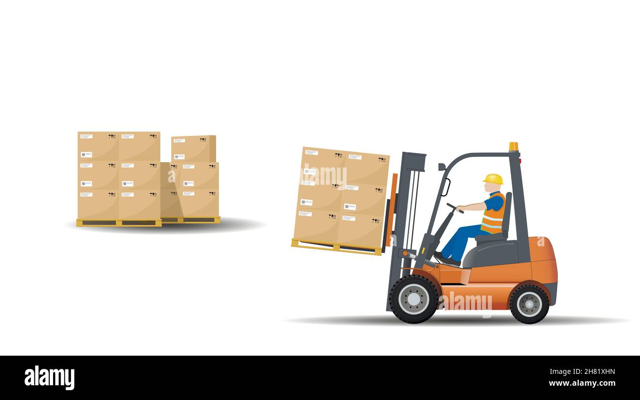 An industrial forklift with a driver transports pallets with boxes