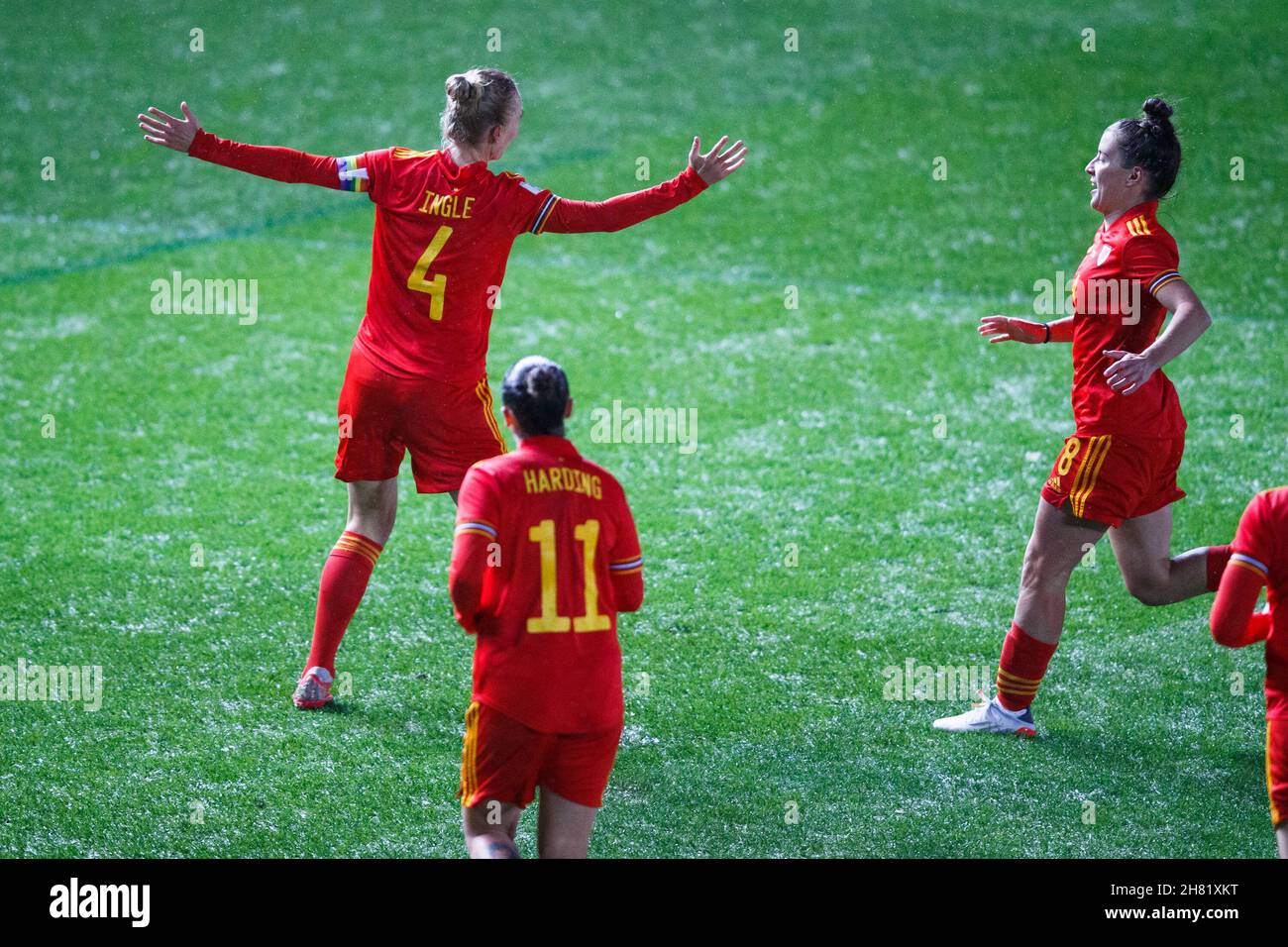 Llanelli, UK. 26 November, 2021. Sophie Ingle of Wales celebrates after scoring a goal during the Wales v Greece Women's World Cup Qualification match. Credit: Gruffydd Thomas/Alamy Stock Photo
