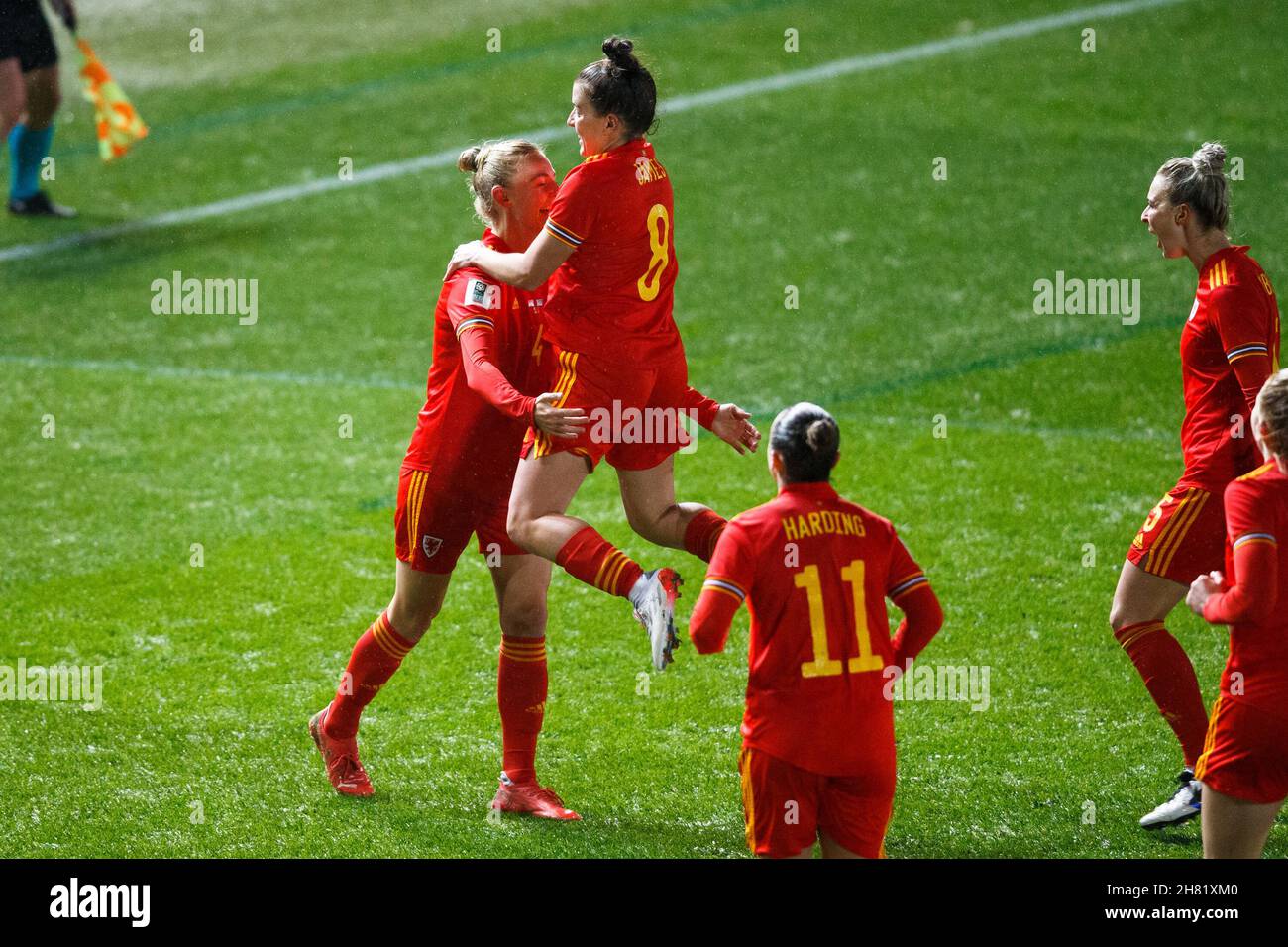 Llanelli, UK. 26 November, 2021. Sophie Ingle of Wales celebrates with Angharad James of Wales after scoring a goal during the Wales v Greece Women's World Cup Qualification match. Credit: Gruffydd Thomas/Alamy Stock Photo