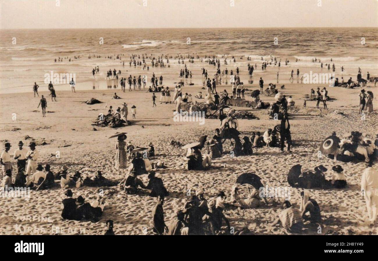 Surfing on Kirra Beach, Gold Coast, Qld - 1920s Stock Photo