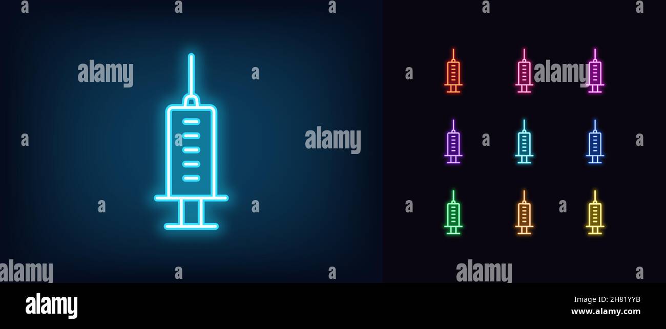 Outline neon syringe icon. Glowing neon injection sign, vaccination ...