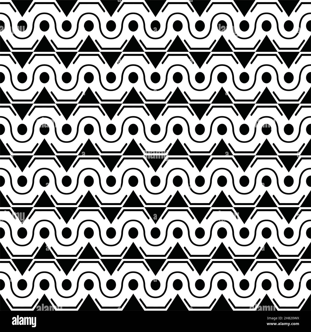 Seamless stylish texture with ancient style, triangle and circle theme. Black and White. For wallpaper, surface, web design, textile, decor Stock Vector