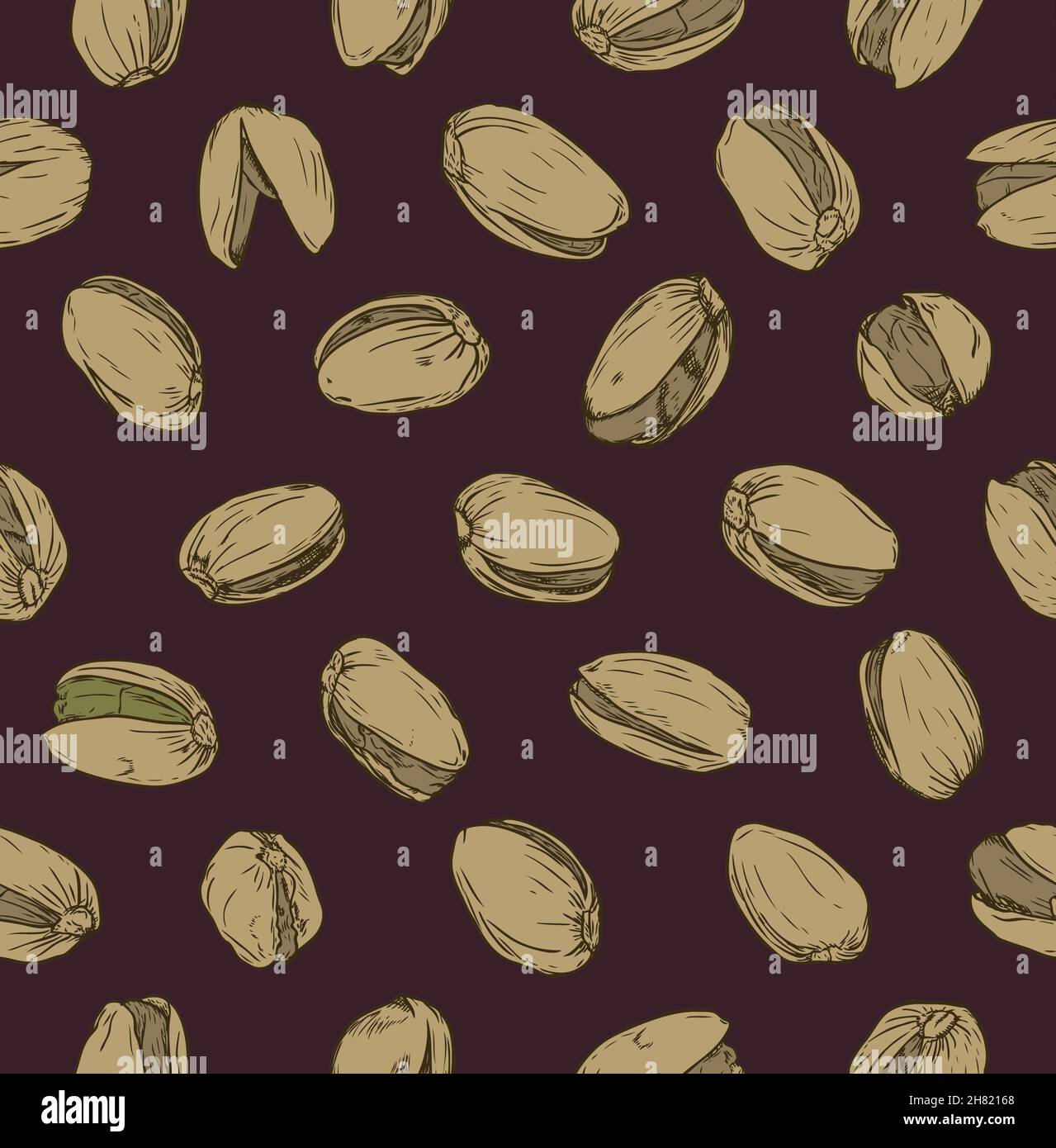 Seamless pattern with pistachio nuts. In brown background Stock Vector
