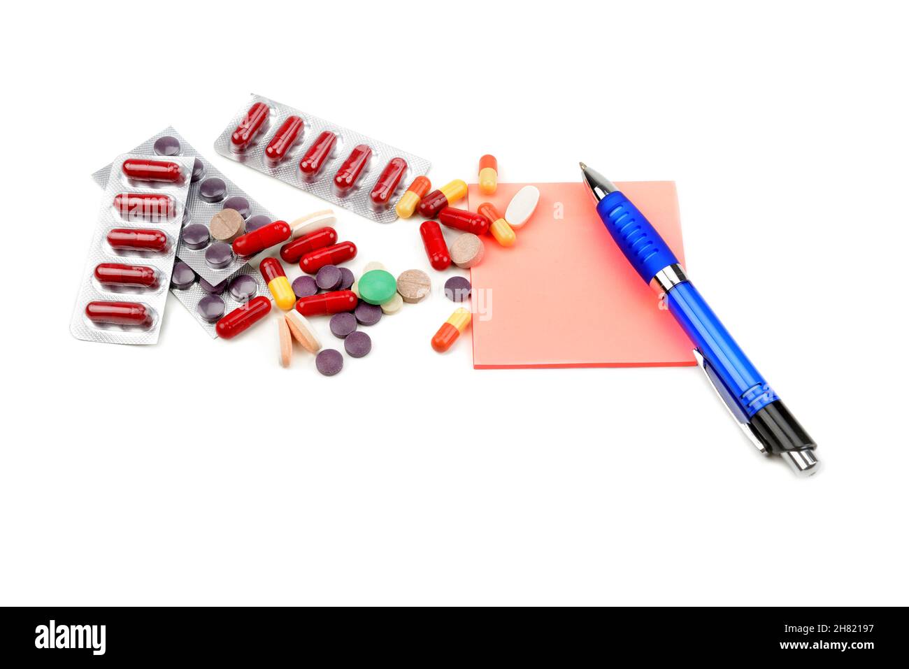 Medical preparations, pill capsules, empty prescription and ballpoint