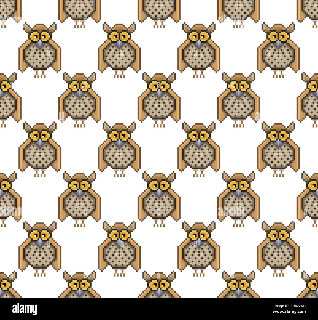Owl pixel seamless pattern, in the vector. Isolated on white. Stock Vector