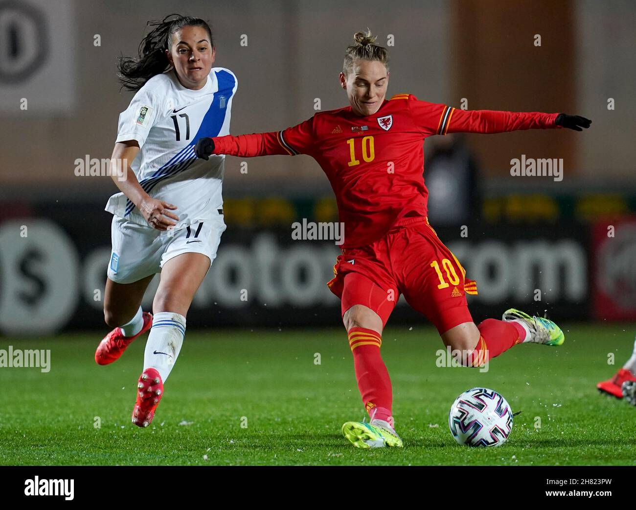 Wales’ Jess Fishlock in action with Greece’s Athanasia Moraitou during the FIFA Women's World Cup 2023 qualifying match at Parc y Scarlets, Llanelli. Picture date: Friday November 26, 2021. See PA story SOCCER Wales Women. Photo credit should read: Nick Potts/PA Wire. RESTRICTIONS: Use subject to restrictions. Editorial use only, no commercial use without prior consent from rights holder. Stock Photo