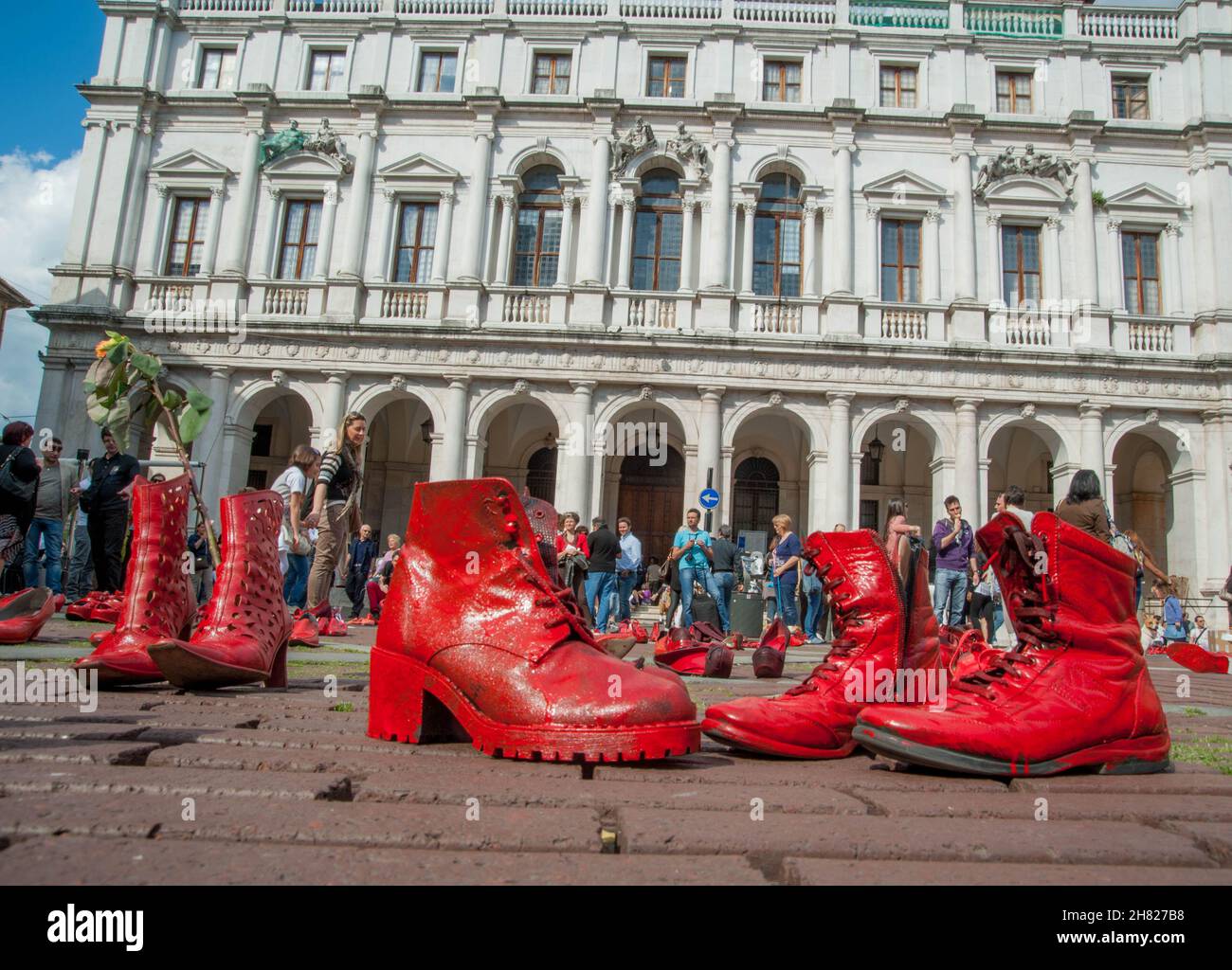 Bergamo Italy 10 May 2013: art installation in Old Town Square against violence to women Stock Photo