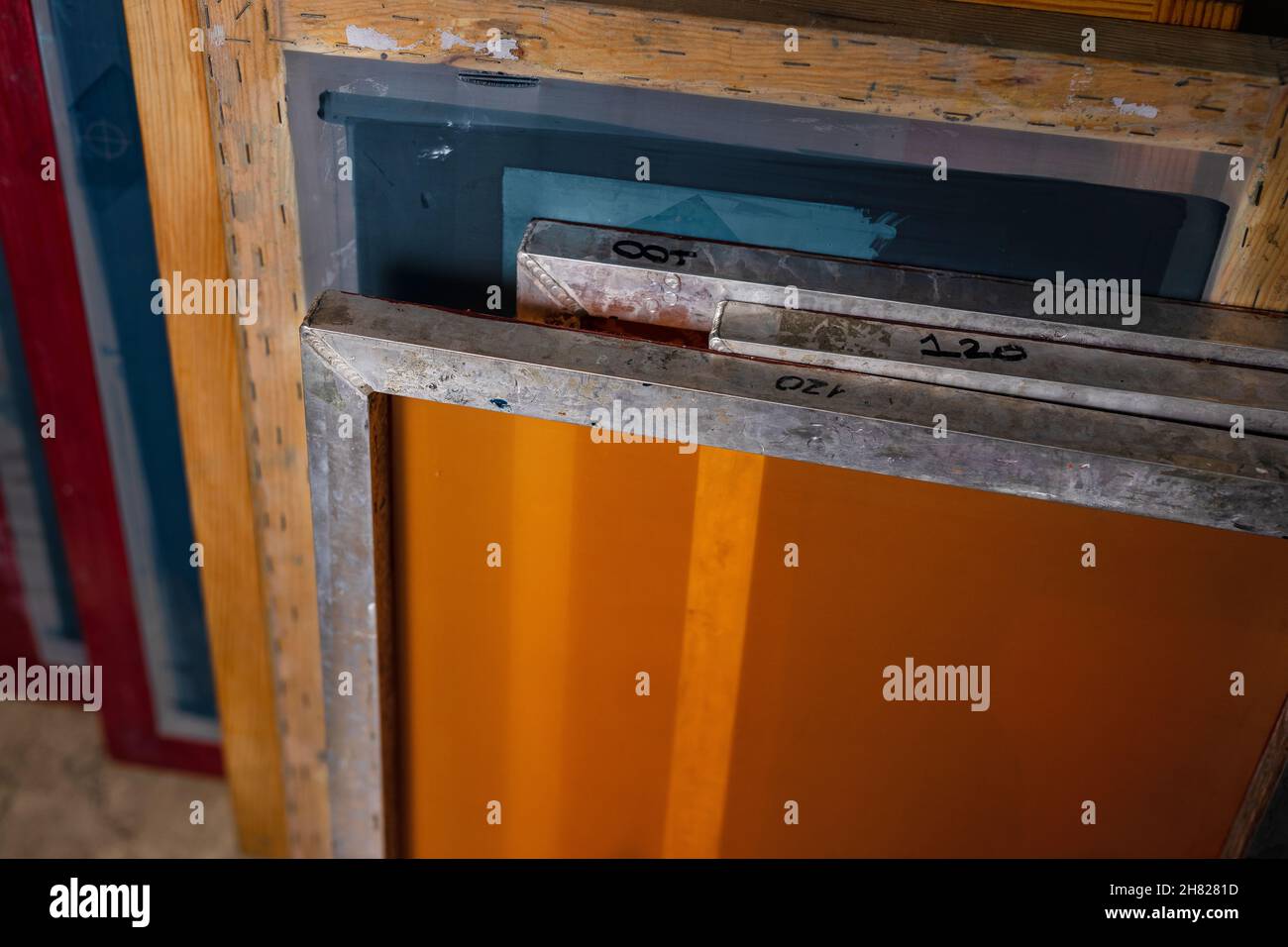 silk screen mesh screen frames. serigraphy production. silkscreen printing Stock Photo