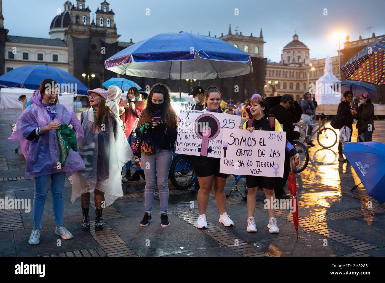 Bogota, Colombia, November 25, 2021 demonstration against feminicides and violence against women in Bolivar Square Stock Photo