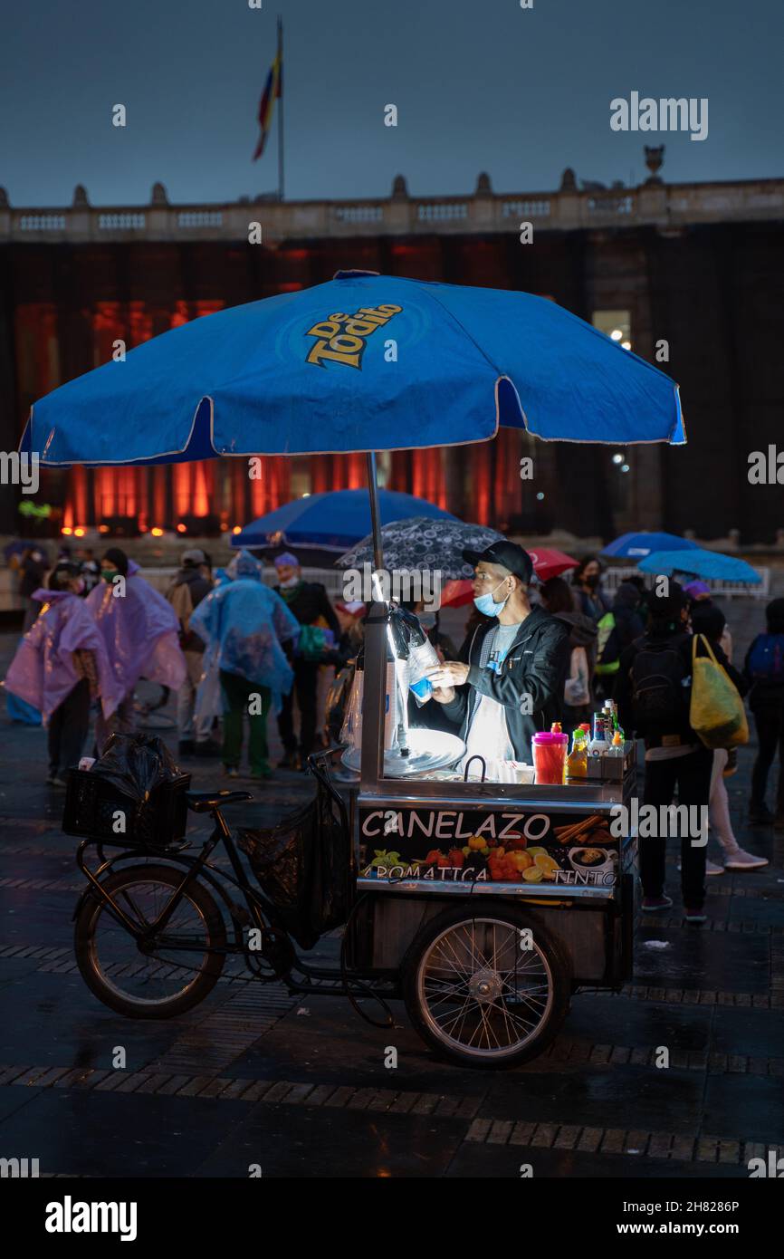 Bogota, Colombia, November 25, 2021. Food and Beverage vendor in Bolivar Square. Stock Photo
