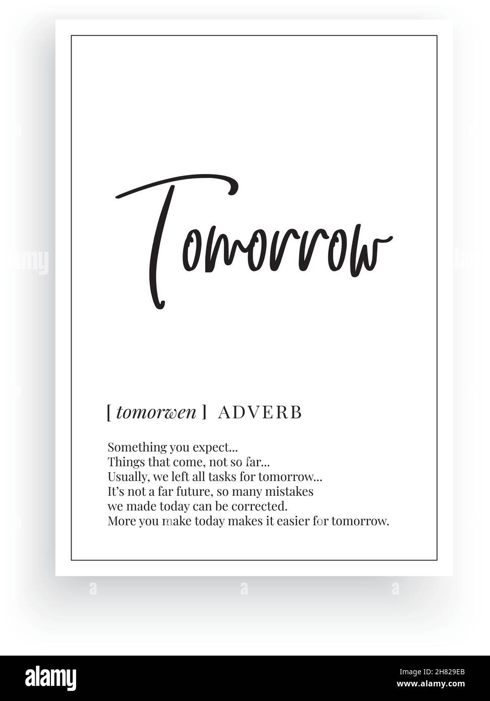 Tomorrow definition, vector. Minimalist poster design. Wall decals, tomorrow noun description