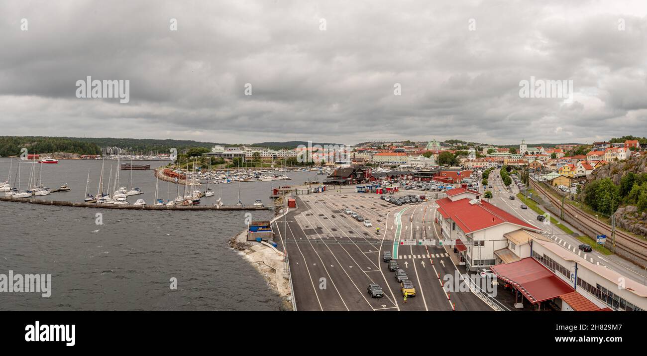 Strömstad, Sweden - July 31 2021: Looking out over the ferry terminal ...