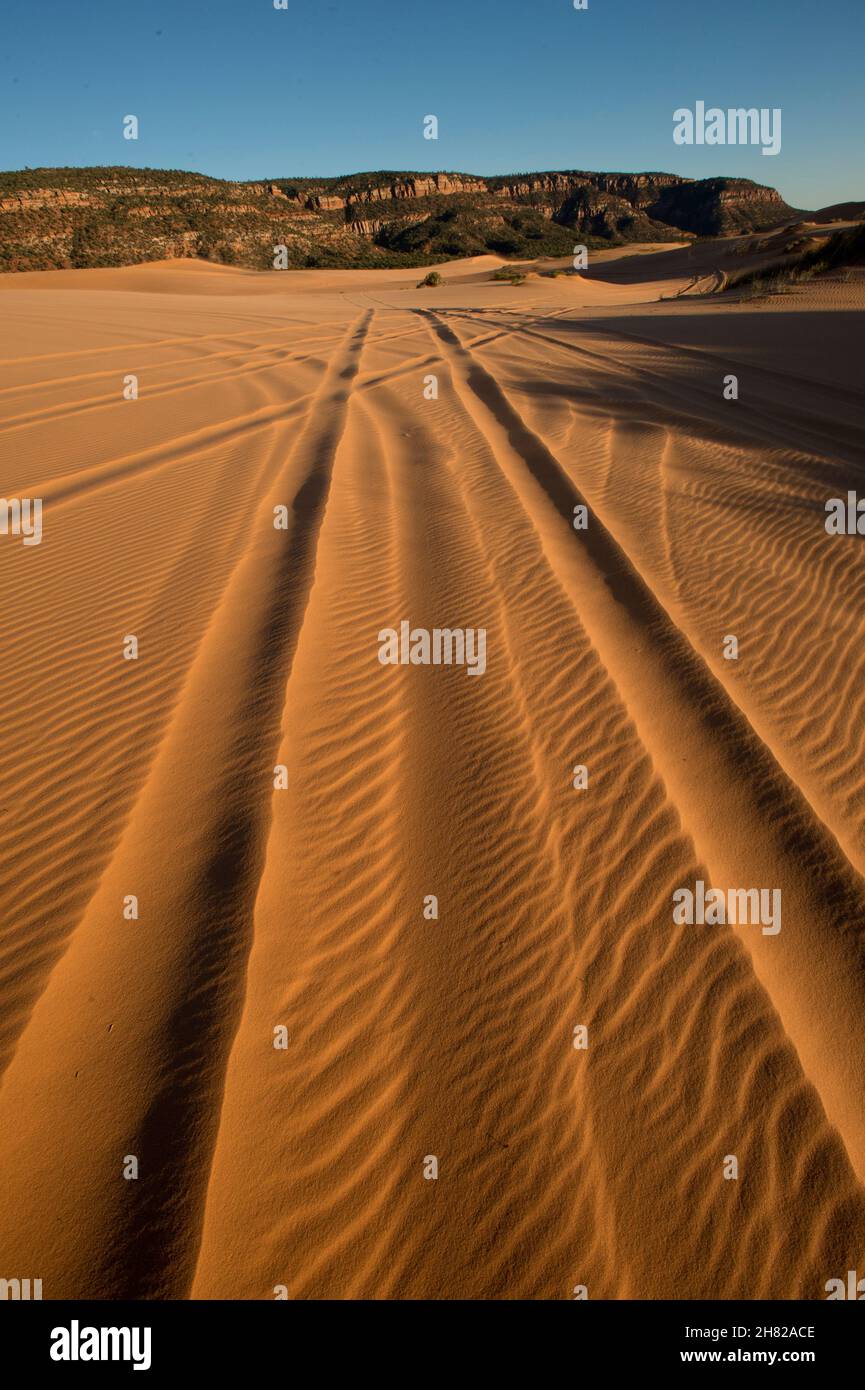 Dune buggy tracks in sand at Coral Pink Sand Dunes State Park Utah Stock Photo