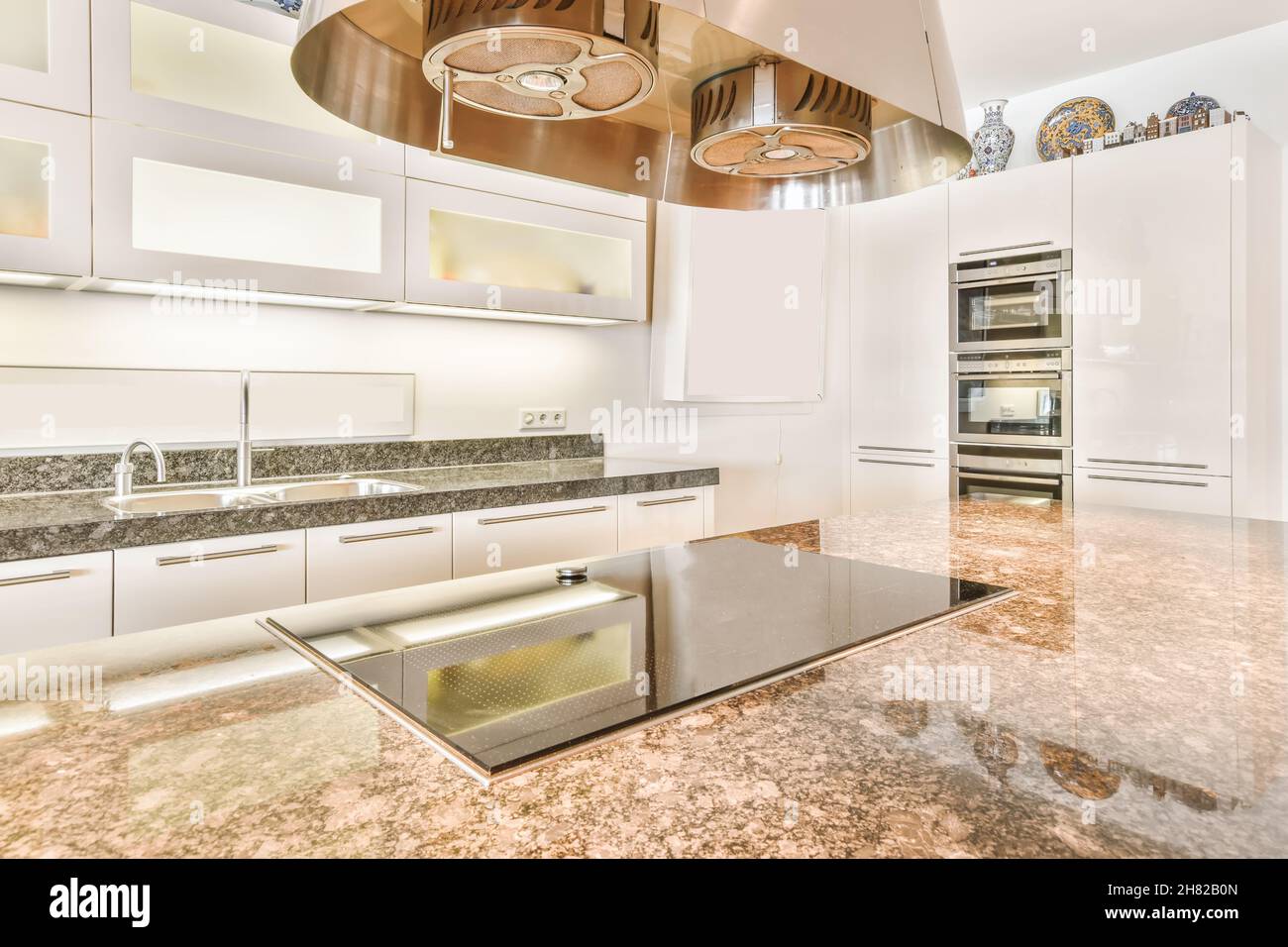 Modern kitchen with electronic stove and oven in the background Stock ...