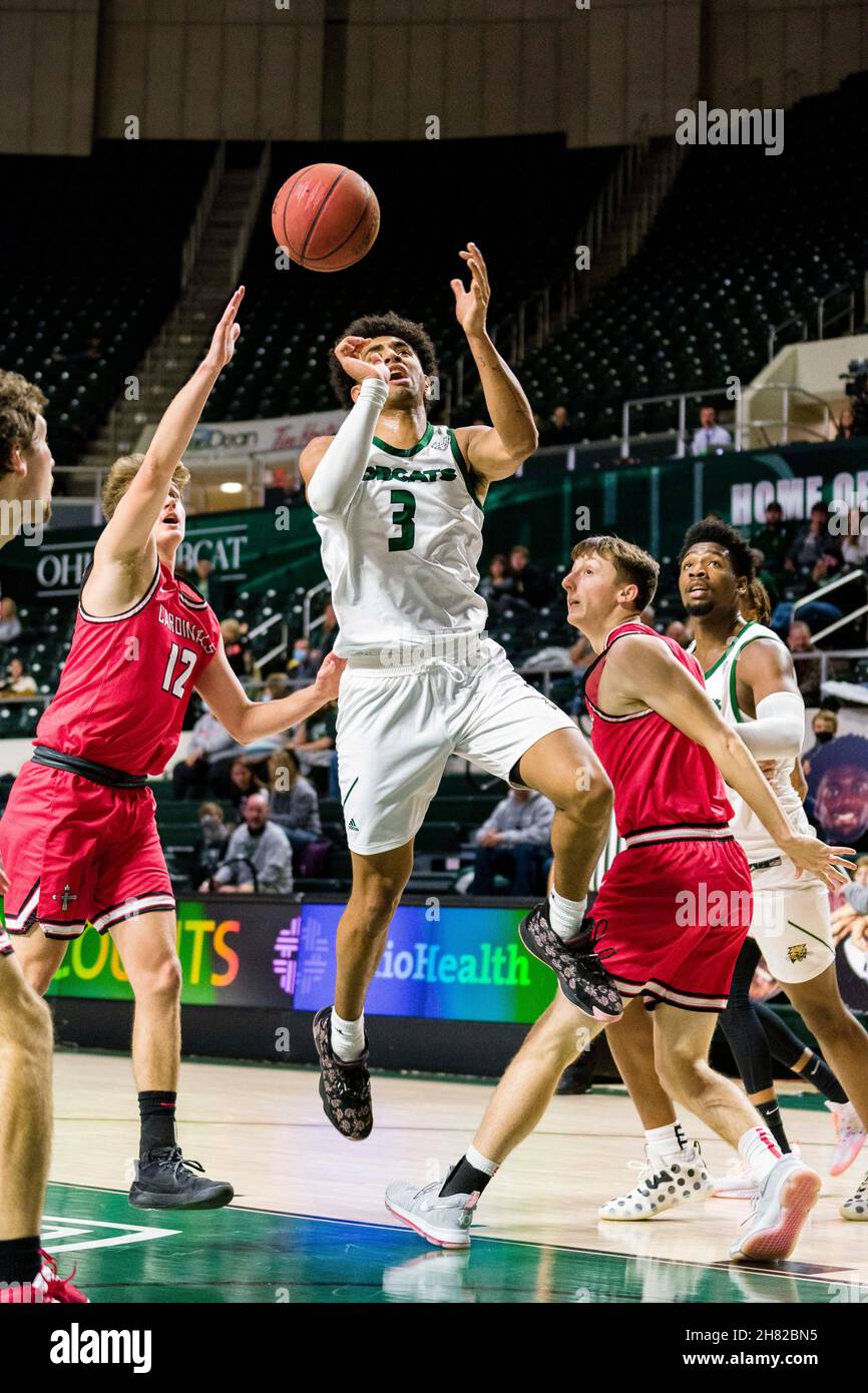 Athens, Ohio, USA. 26th Nov, 2021. Ohio forward Ben Roderick (3) slips