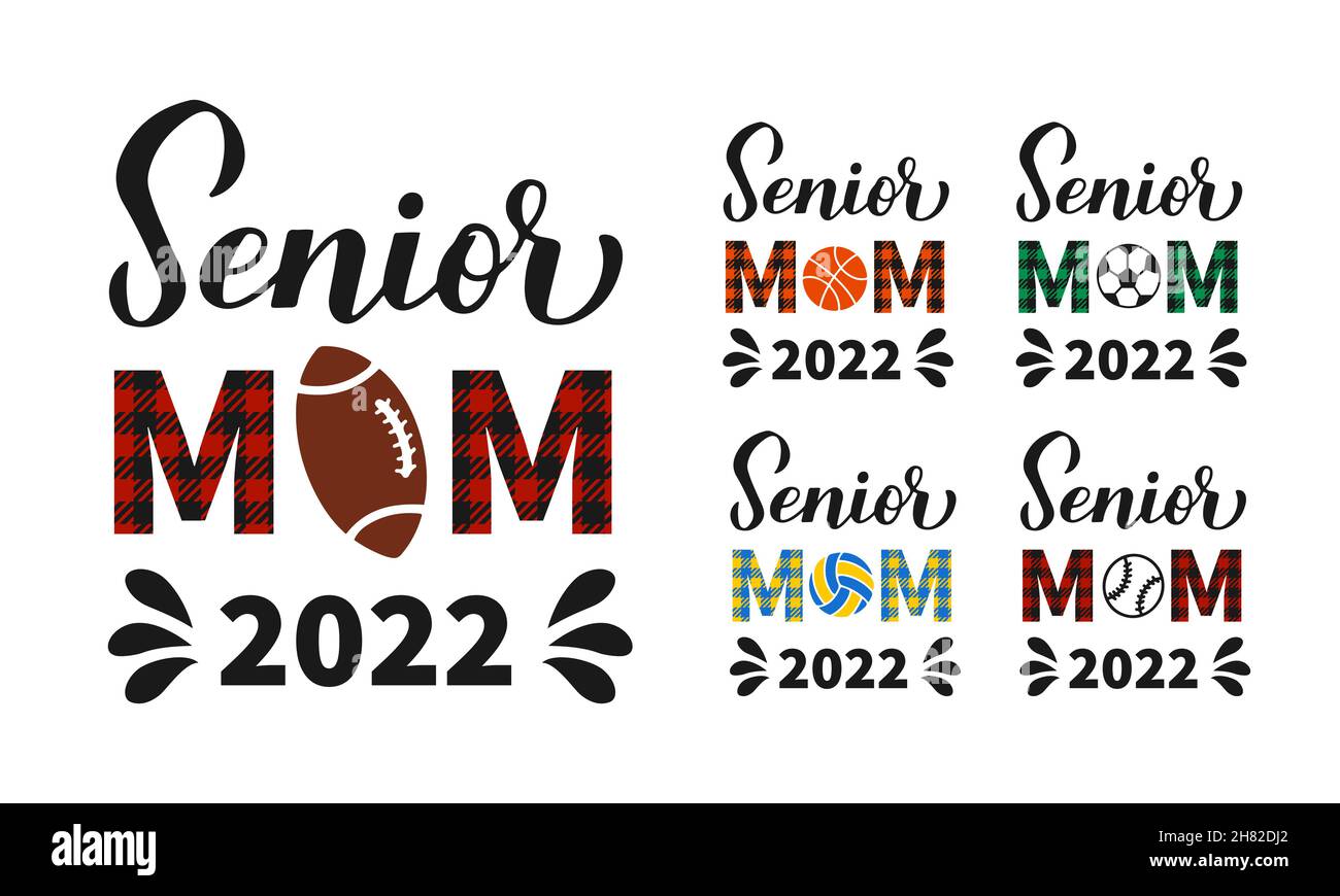 Senior mom 2022 hand lettering. Sports mom calligraphy bundle. Vector template for typography poster, banner, sticker, t-shirt, etc. Stock Vector