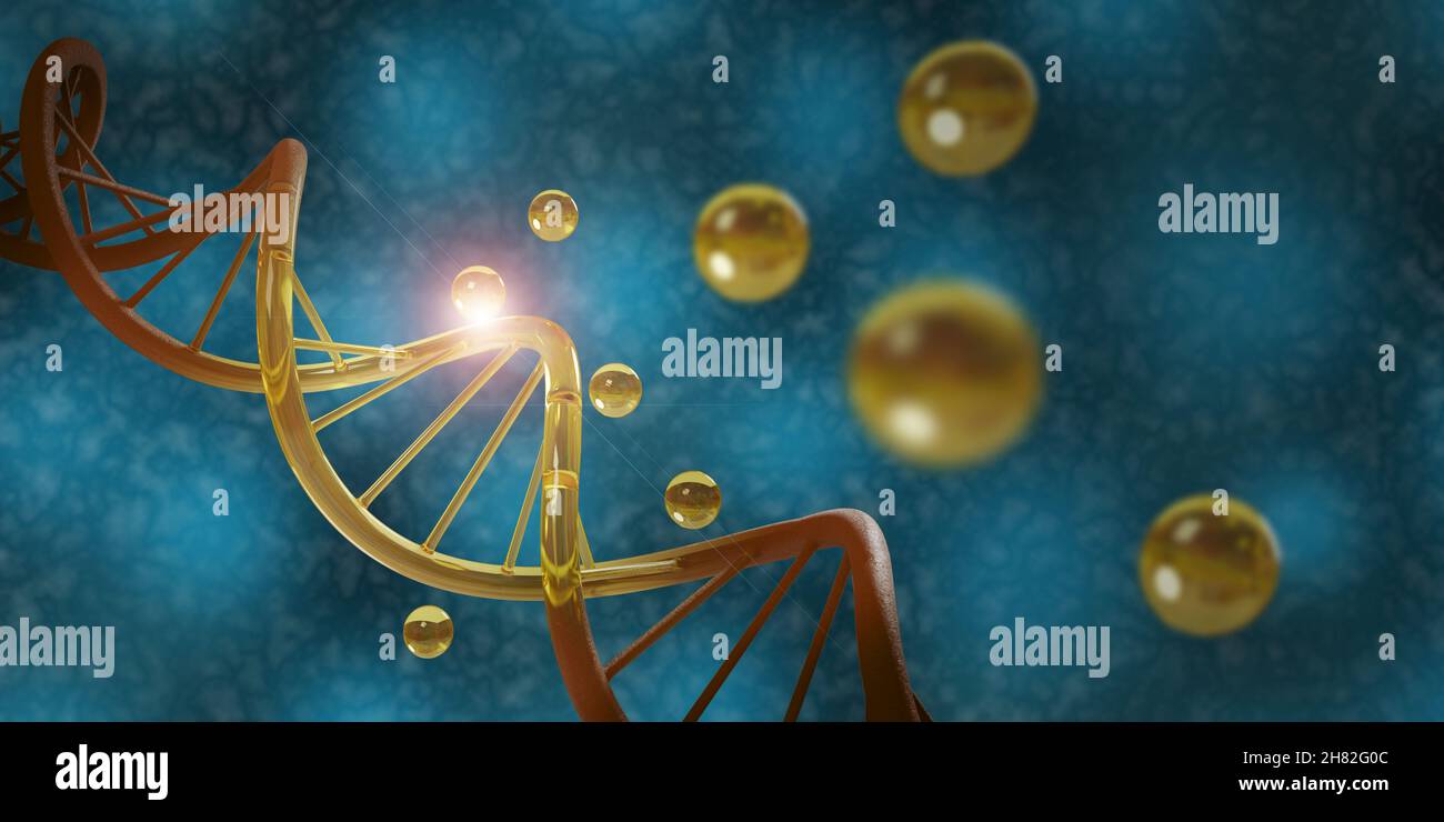 Golden drops of oil on a DNA strand. Cosmetic treatment concept. 3d illustration. Stock Photo