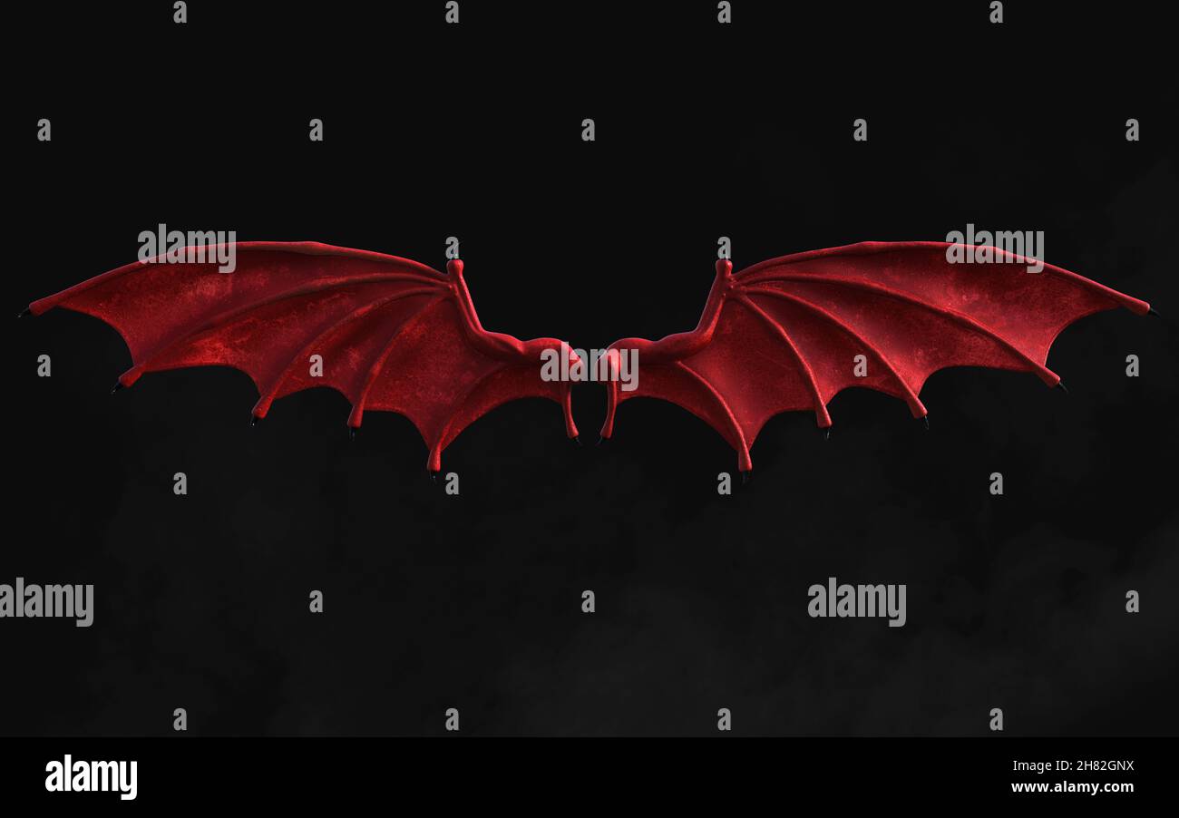 3d Illustration Red Dragon Wing, Red Devil Wings, Red Demon Wing Plumage Isolated on Dark Background with Clipping Path. Stock Photo