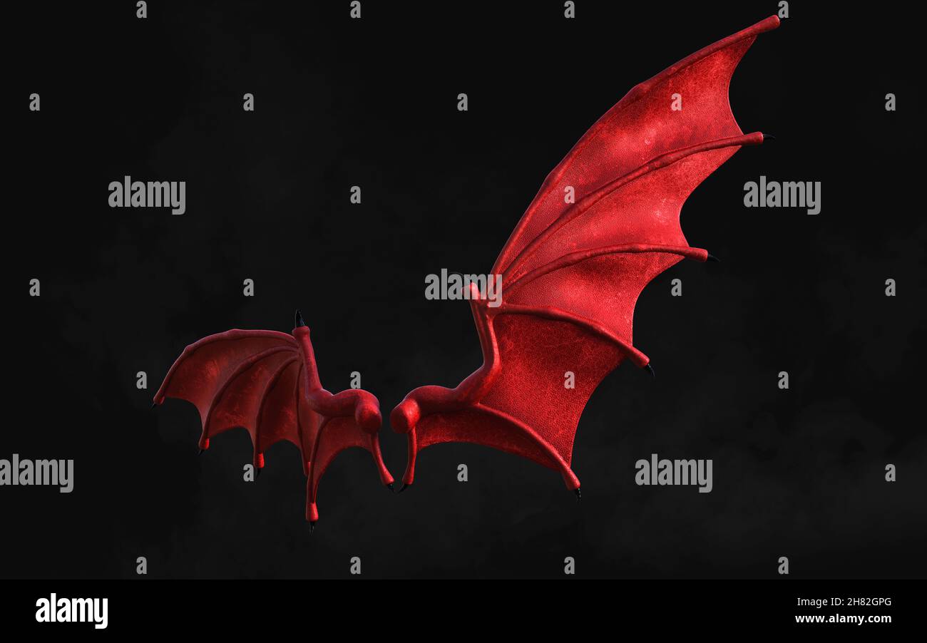 3d Illustration Red Dragon Wing, Red Devil Wings, Red Demon Wing Plumage Isolated on Dark Background with Clipping Path. Stock Photo