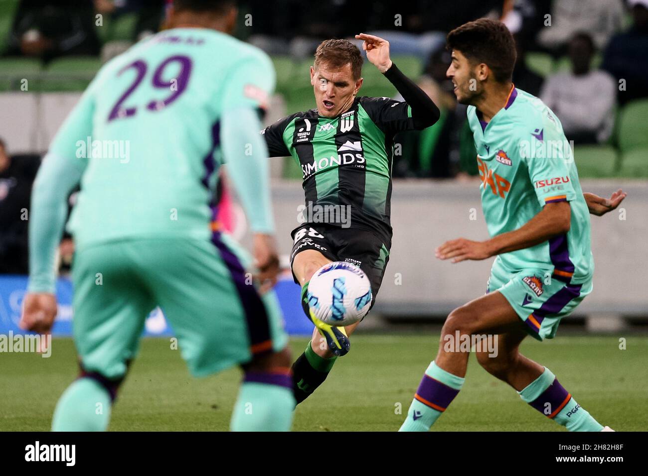 Melbourne, Australia, 26 November, 2021. Neil Kilkenny of Western United kicks the ball during the round 2 A-League soccer match between Western United FC and Perth Glory at AAMI Park on November 26, 2021 in Melbourne, Australia. Credit: Dave Hewison/Speed Media/Alamy Live News Stock Photo