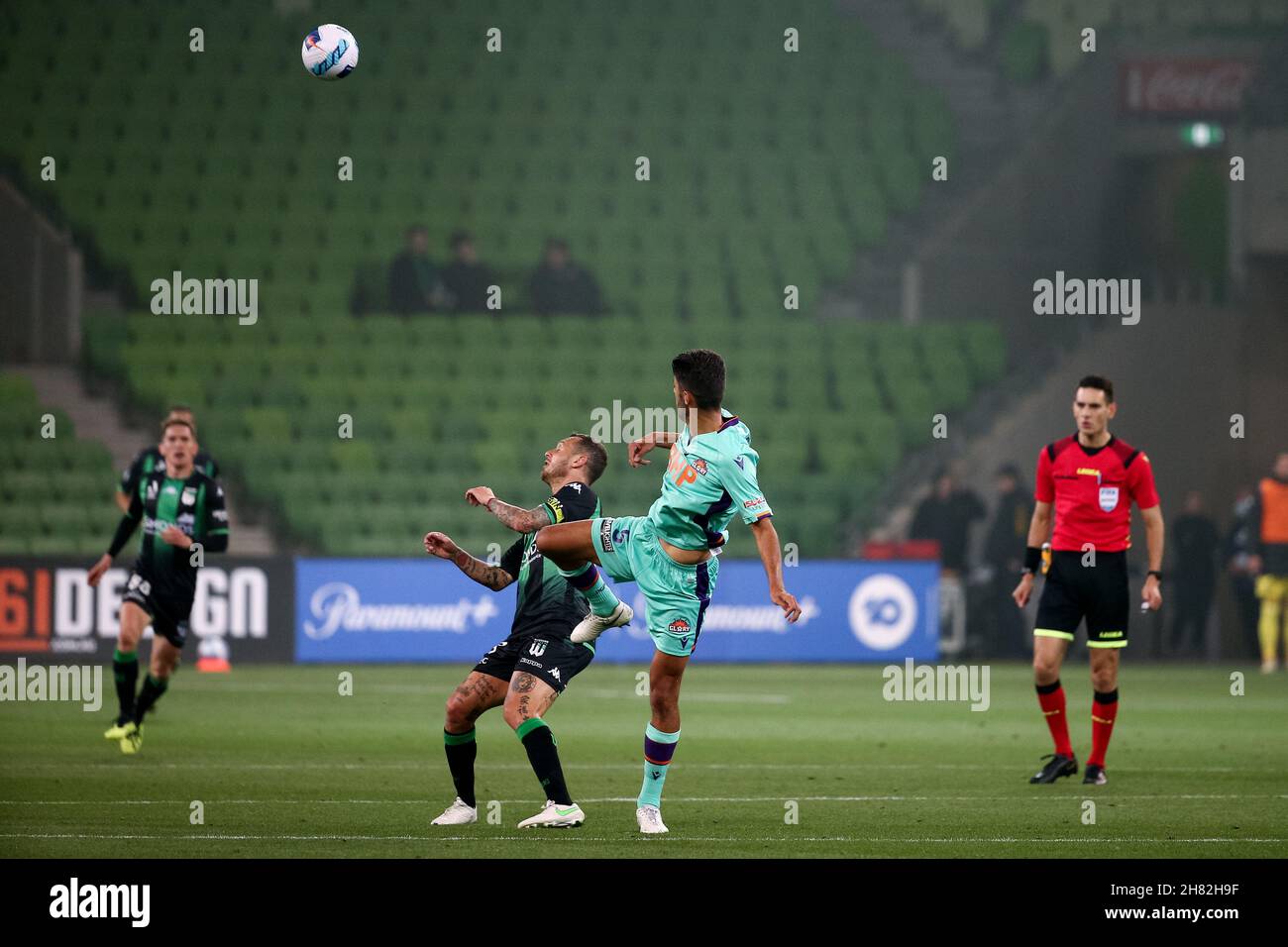 Melbourne, Australia, 26 November, 2021. Jonathan Aspropotamitis of Perth Glory kicks the ball during the round 2 A-League soccer match between Western United FC and Perth Glory at AAMI Park on November 26, 2021 in Melbourne, Australia. Credit: Dave Hewison/Speed Media/Alamy Live News Stock Photo