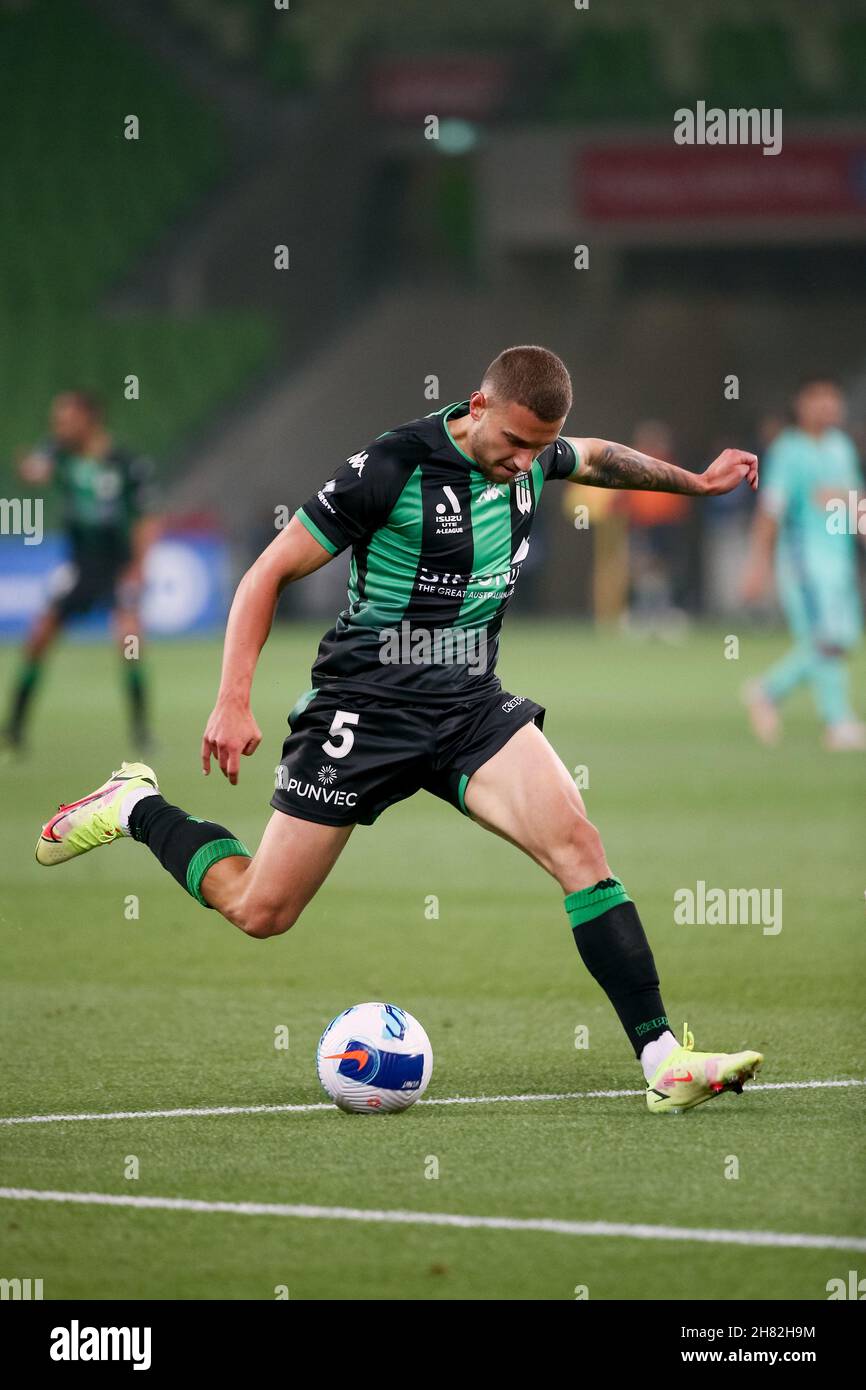 Melbourne, Australia, 26 November, 2021. Dylan Pierias of Western United kicks the ball during the round 2 A-League soccer match between Western United FC and Perth Glory at AAMI Park on November 26, 2021 in Melbourne, Australia. Credit: Dave Hewison/Speed Media/Alamy Live News Stock Photo