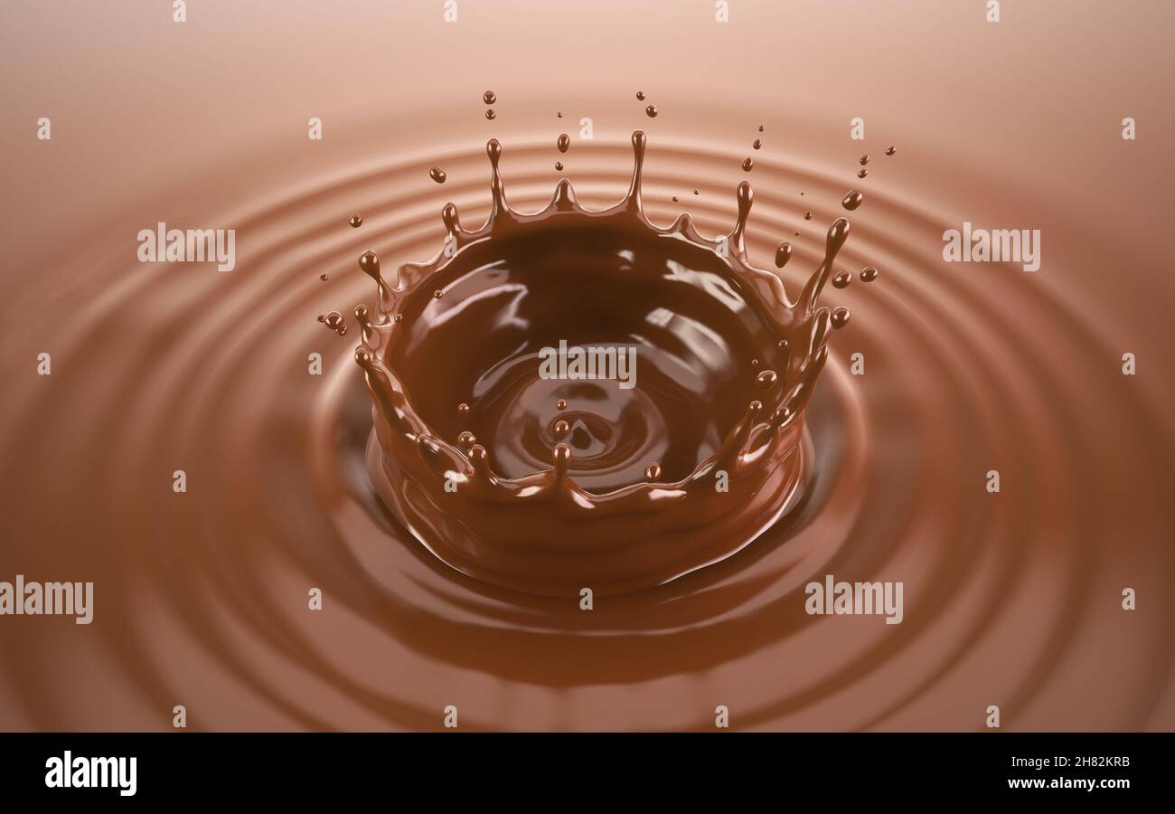 Liquid chocolate crown splash with ripples. Bird eye view. Stock Photo