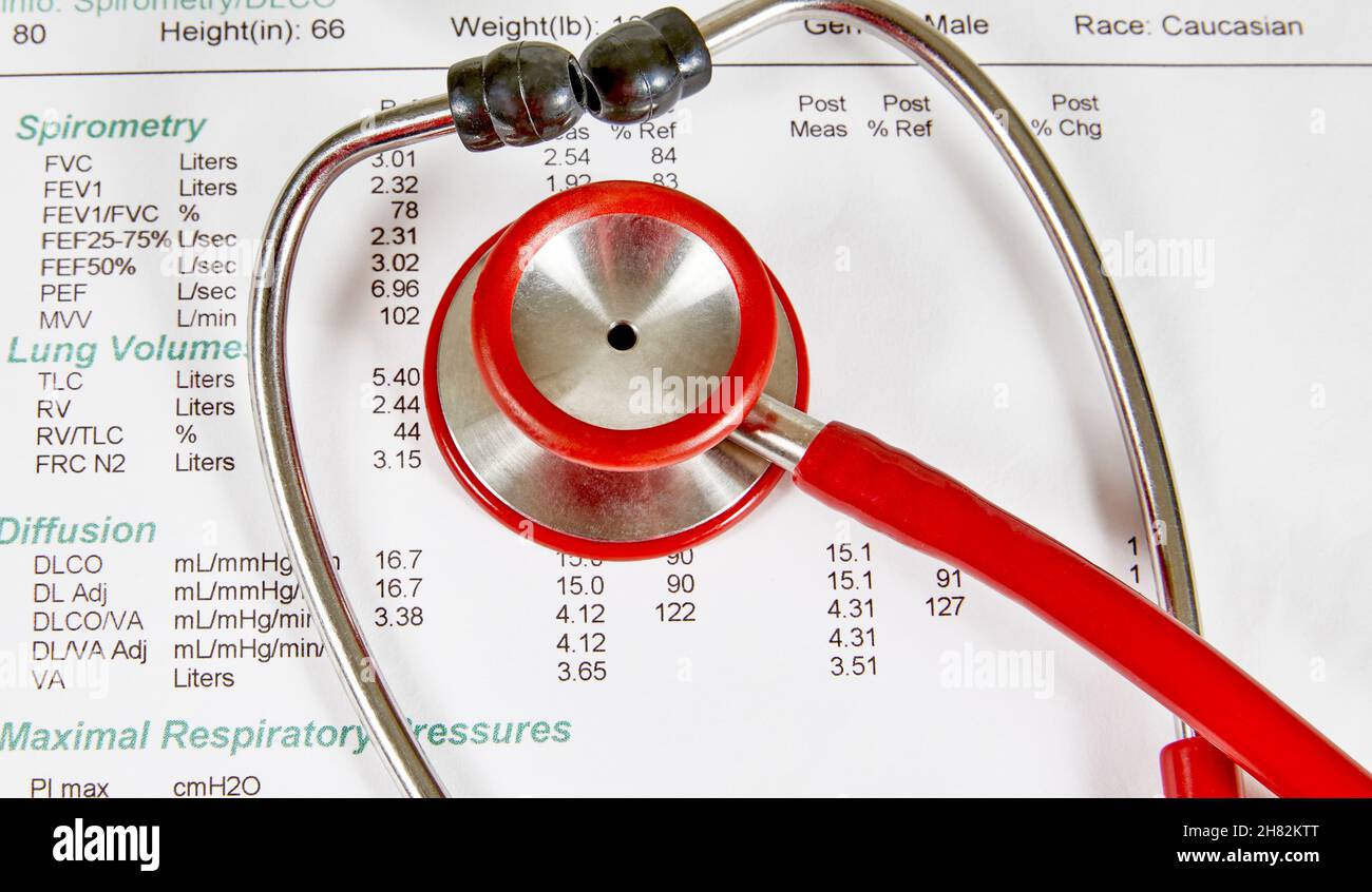 Pulmonary Function analysis report with  a red stethoscope on top of it Stock Photo