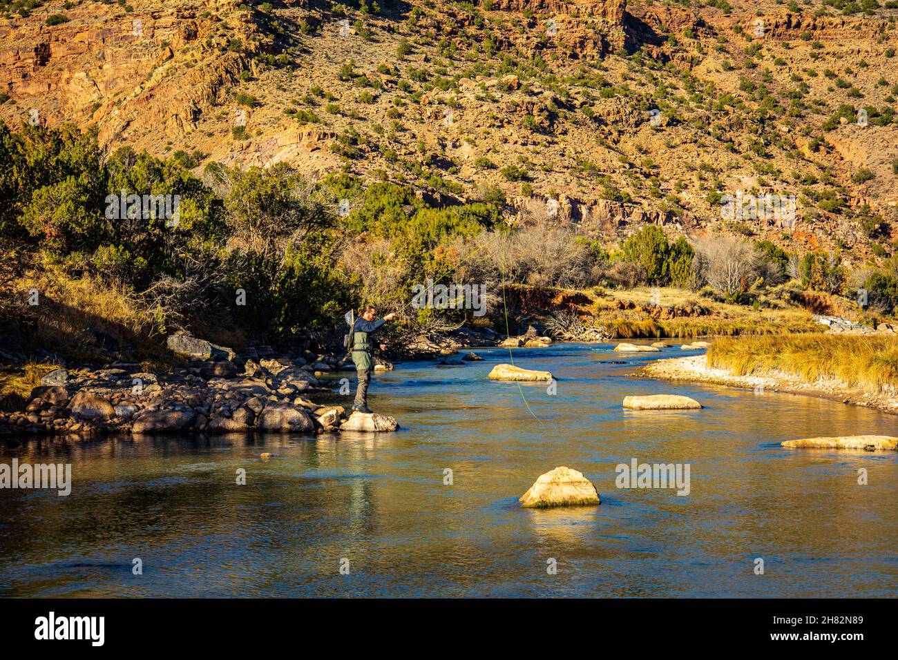 Man fishing on the Chama river downstream from the dam in Abiquiu New Mexico, USA Stock Photo