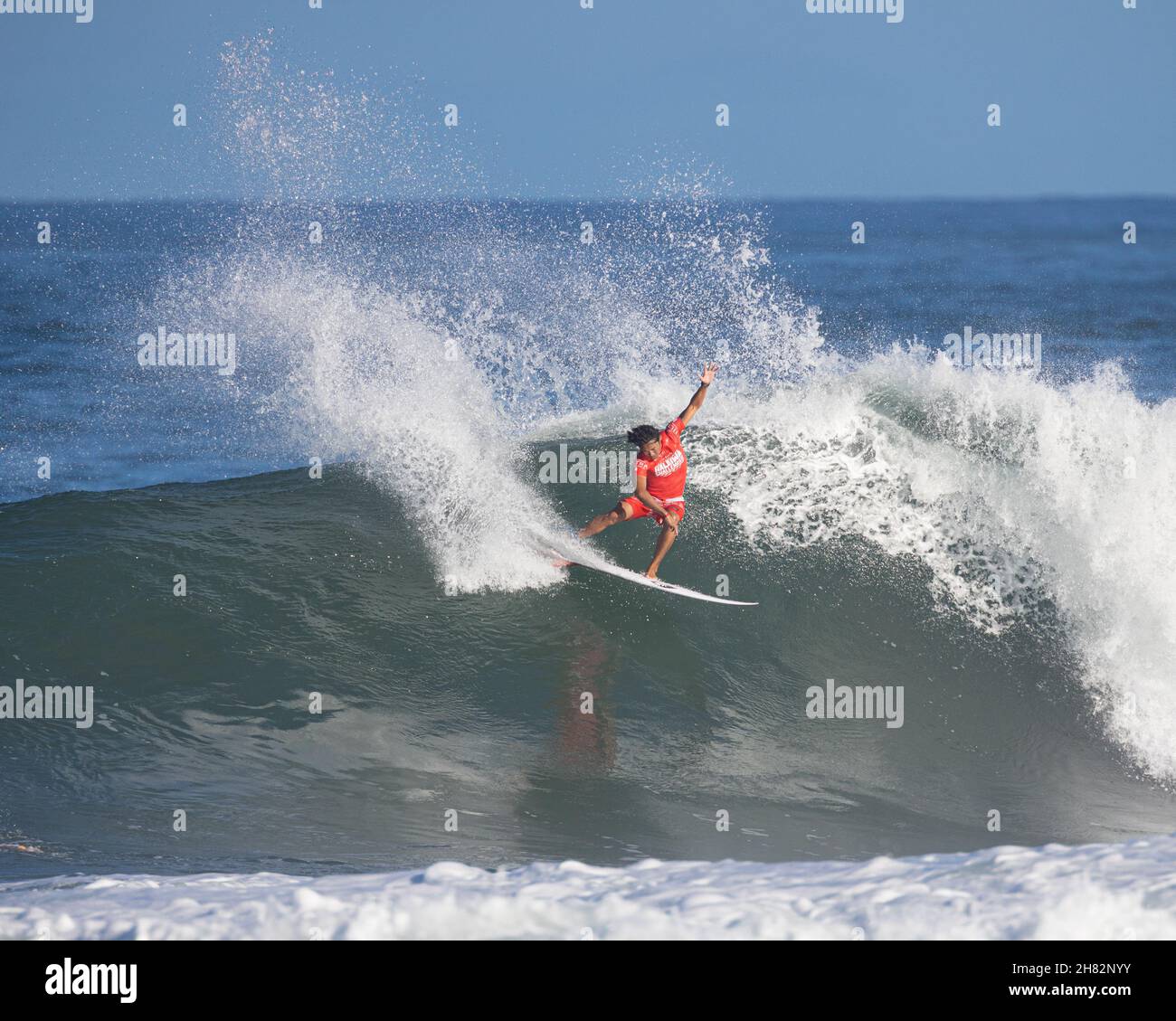 Haleiwa, Hawaii, USA. 26th Nov, 2021. - Rio Waida of Indonesia shows his style on this wave during the opening of the menÕs round 80 of the Michelob ULTRA Pure Gold Haleiwa Challenger at AliÕi Beach Park in Haleiwa, Hawaii. Glenn Yoza/CSM/Alamy Live News Stock Photo