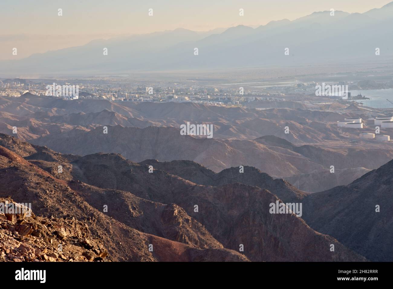 Shlomo Salomon mountain. View of the Eilat mountains. Against the background of the Aqaba Mountains, Jordan. The mountains, the city and the port. Red Sea. Eilat Israel. High quality photo Stock Photo