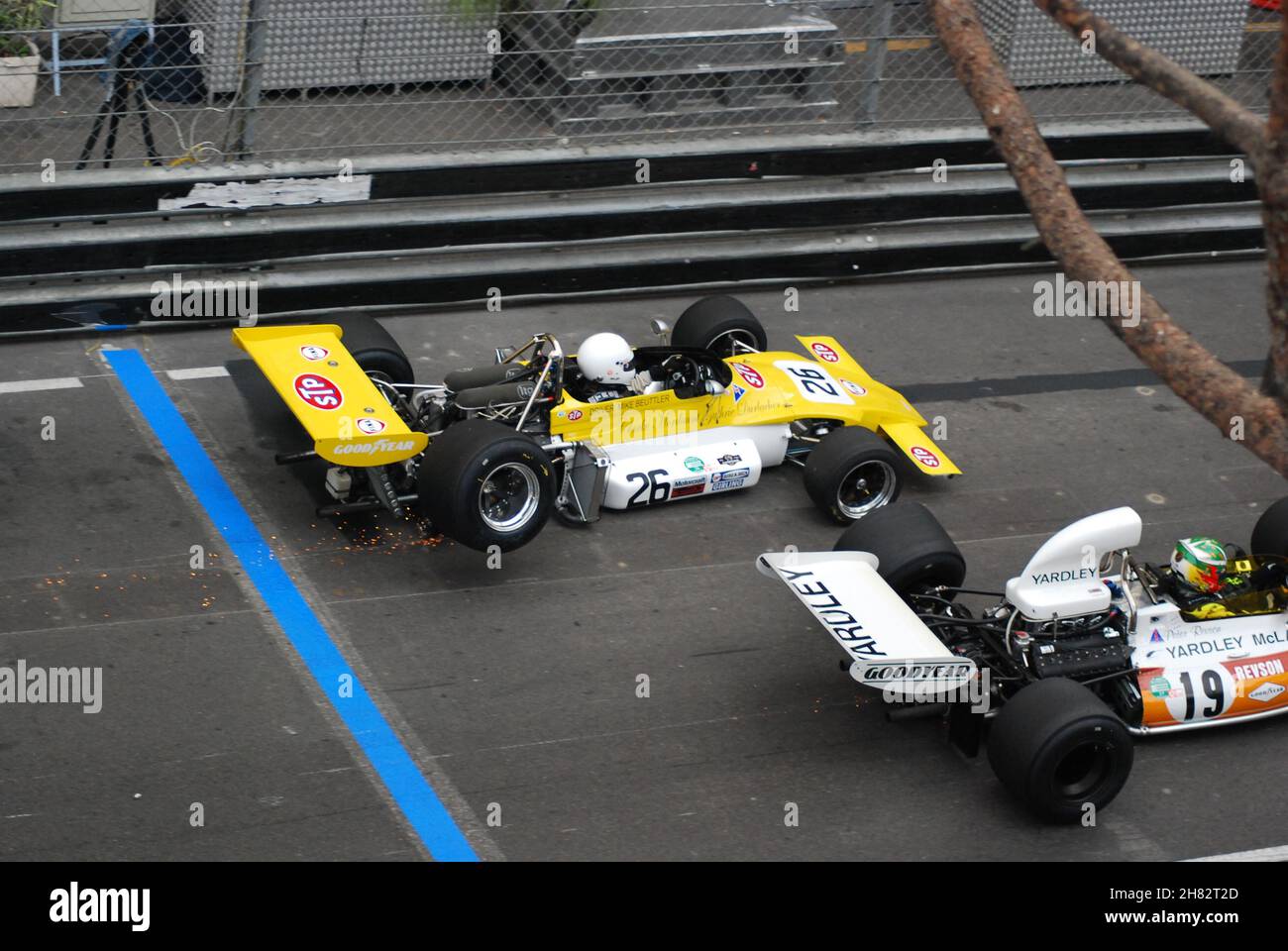 A somewhat bungled start at the 2012. 8th Monaco Historique GP meeting, 13th May 2012. The #26 MARCH having been hit by the McLaren Stock Photo
