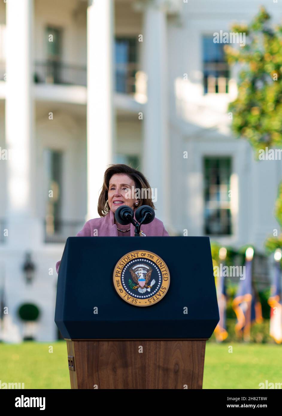 WASHINGTON DC, USA - 15 November 2021 - Speaker of the House Nancy Pelosi (D-CA) gives remarks before President Joe Biden signs the Infrastructure Inv Stock Photo