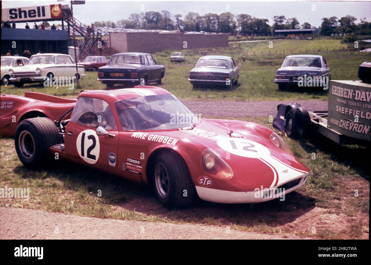 Car #12, mike Gribben's Chevron B8, in the Mallory Park paddock, Monday May 25th 1970.  The car was entered in the SKF Championship race for GT cars at the BRSCC organised Guards Holiday F5000 meeting. Stock Photo