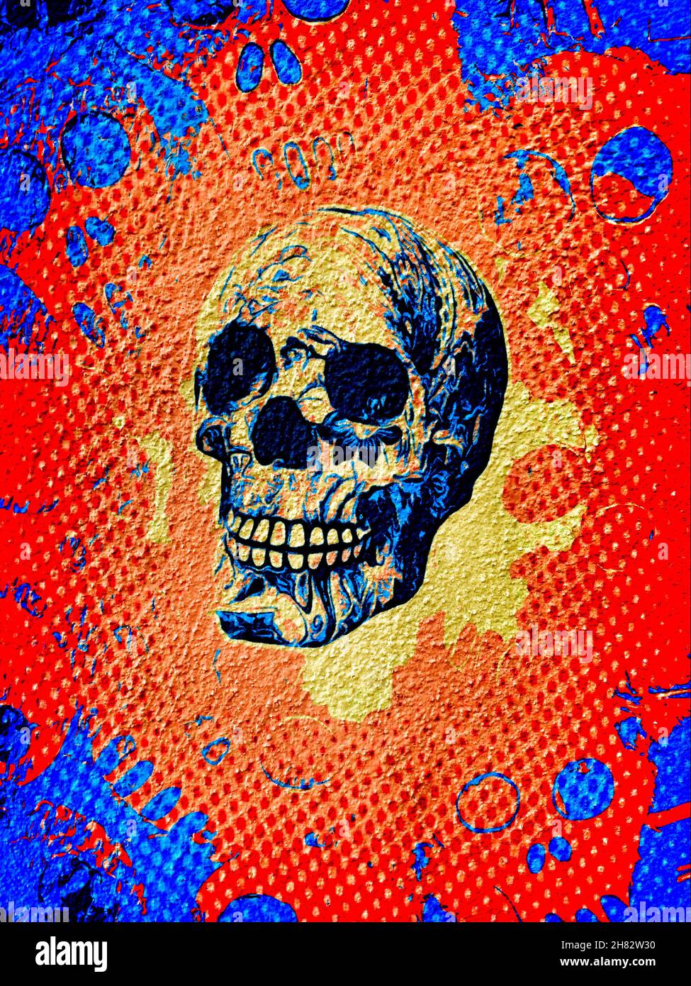 Pop art retro illustration. Human skull head skeleton over red and blue  background Stock Photo - Alamy
