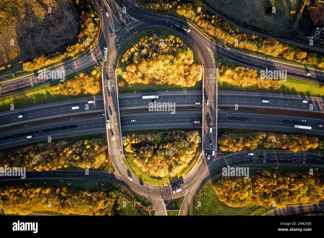 Aerial view directly above an overpass roundabout on the junction of ...