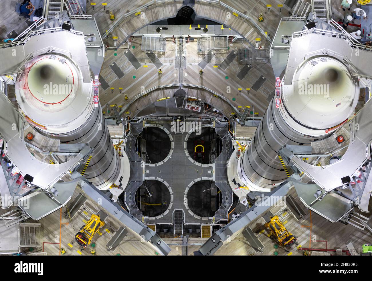 KENNEDY SPACE CENTRE, FL, USA - 09 June 2021 - An overhead view shows the fully stacked twin solid rocket boosters for NASA’s Space Launch System (SLS Stock Photo