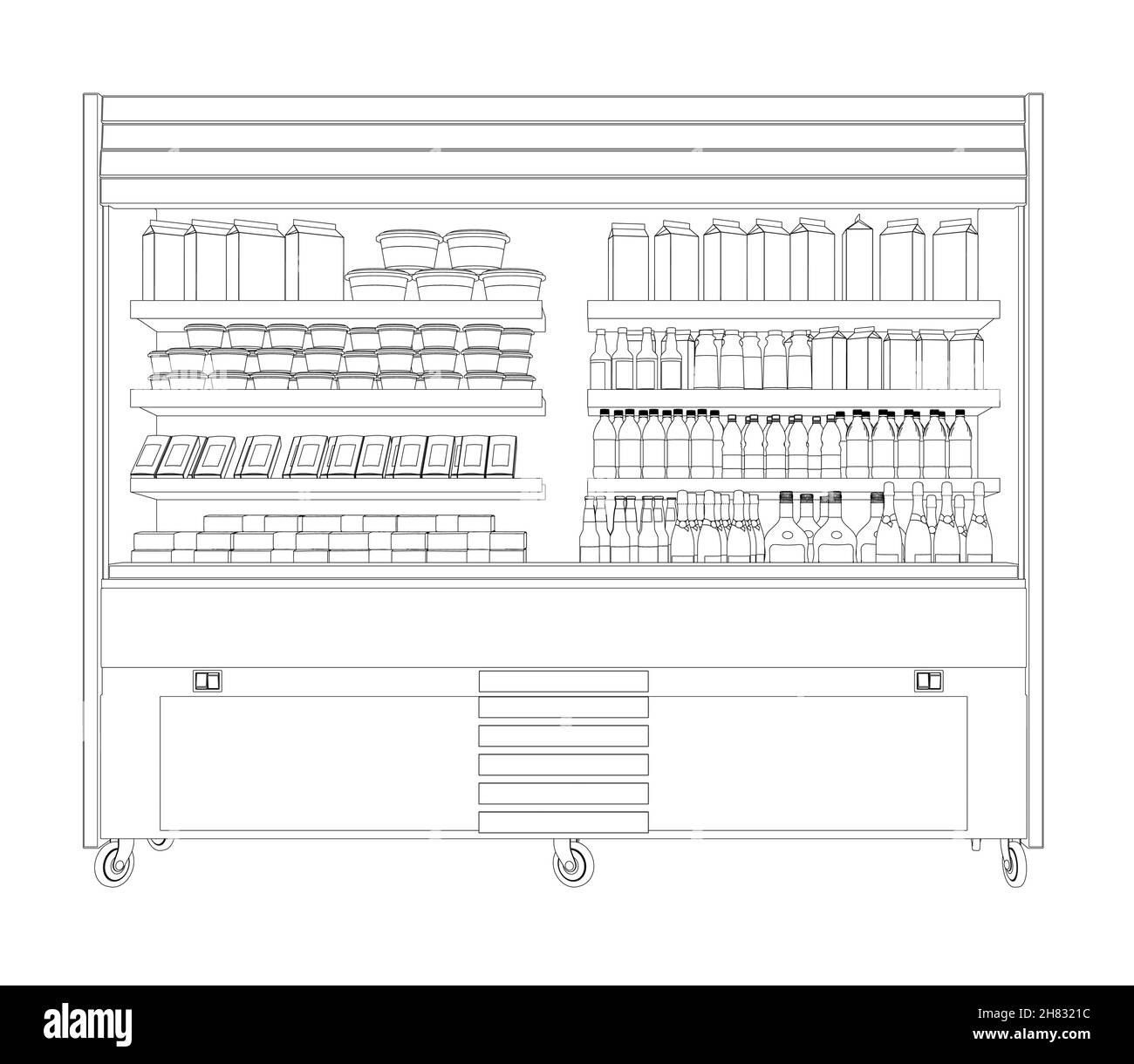 Outline of a shop refrigerator with bottles and other packaging from black lines isolated on a white background. Front view. Vector illustration. Stock Vector