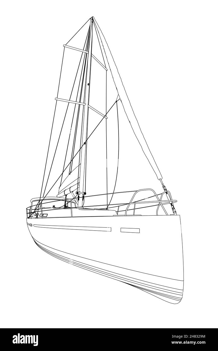 Outline of a yacht with a sail of black lines isolated on a white