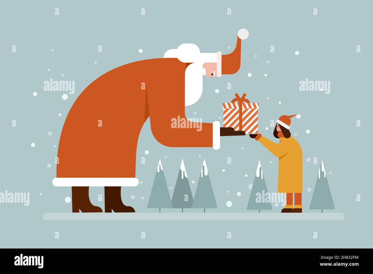 Santa Claus giving a gift to a little girl in a winter background Stock ...