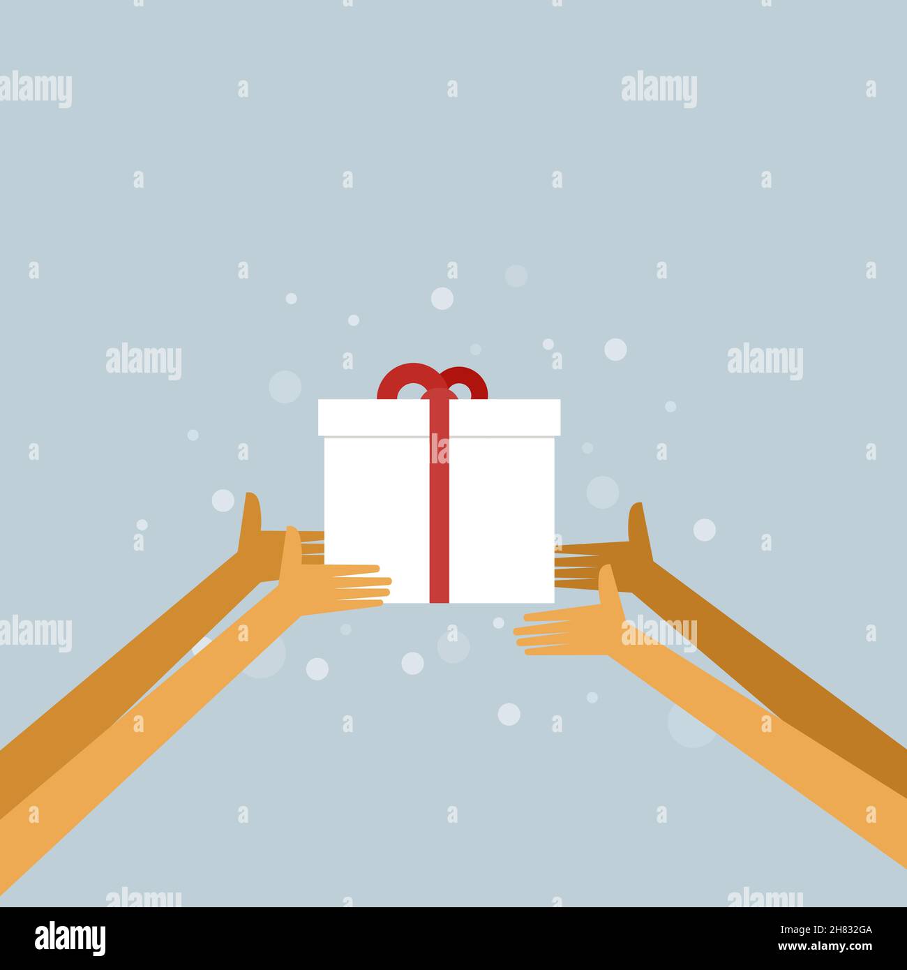 Hands exchanging gifts with snow flakes in the background Stock Vector