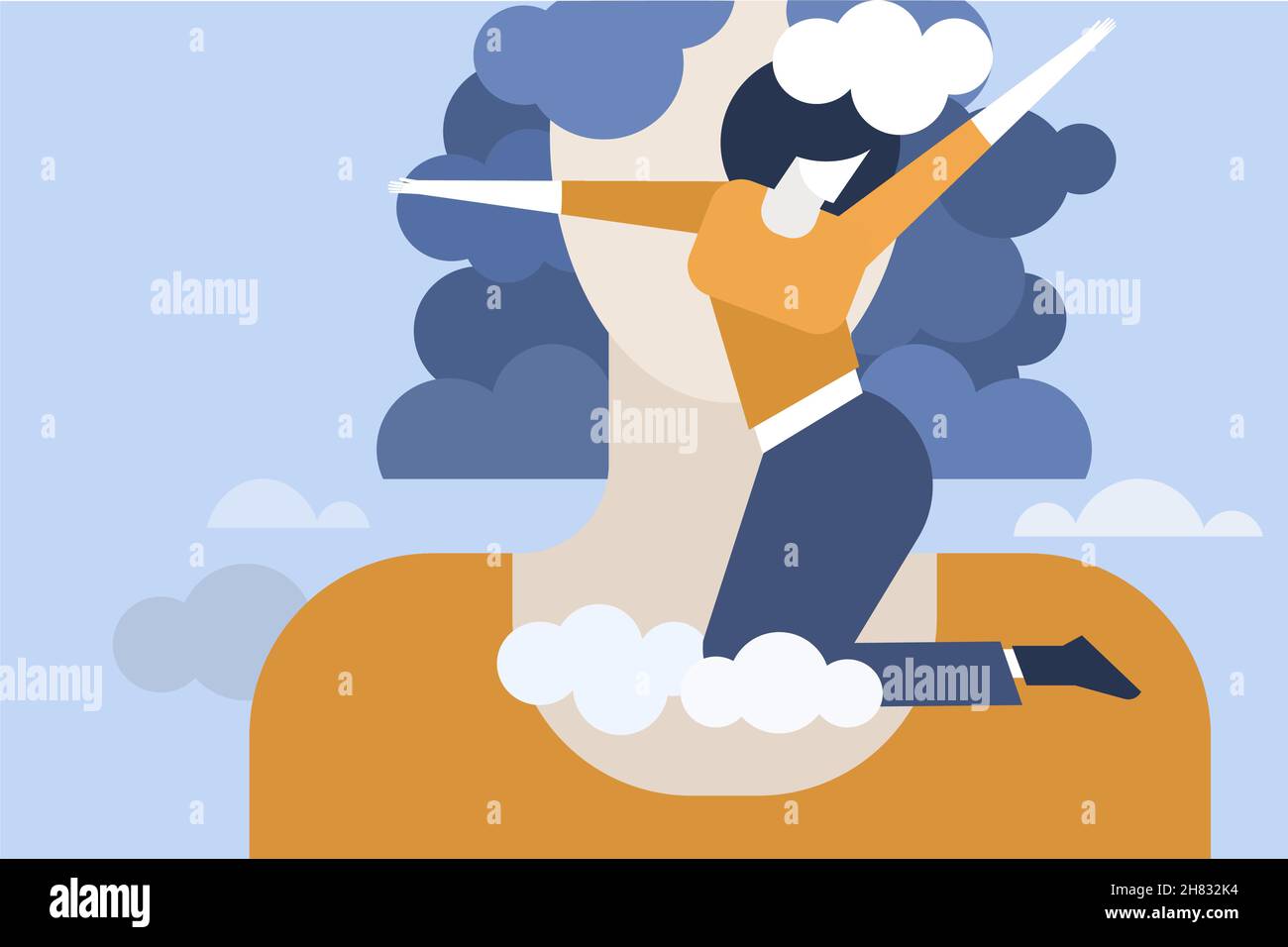 Illustration of a young girl imagining of flying in the clouds Stock Vector