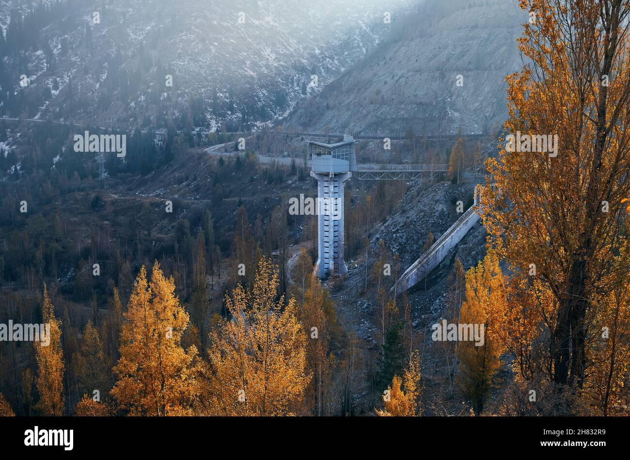 Dam construction at Medeo in the mountains at autumn time in Almaty, Kazakhstan Stock Photo