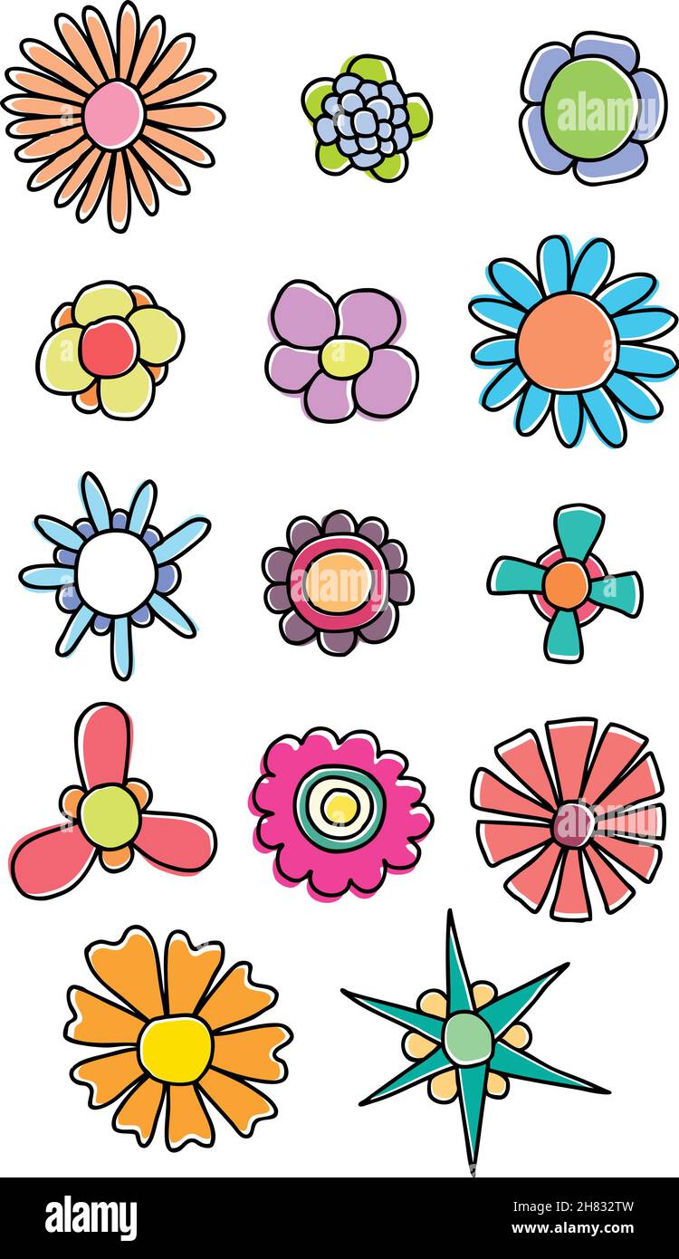 Set of hand drawn colorful flowers Stock Vector