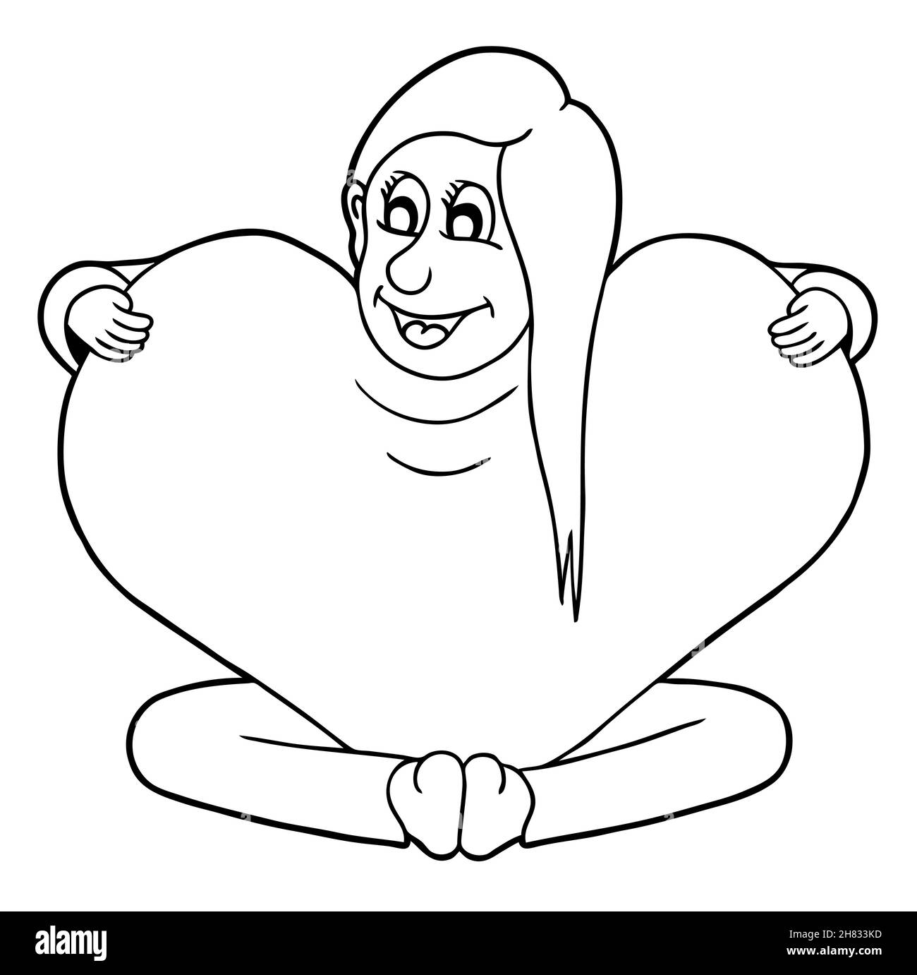Cute girl with heart, coloring page illustration Stock Vector