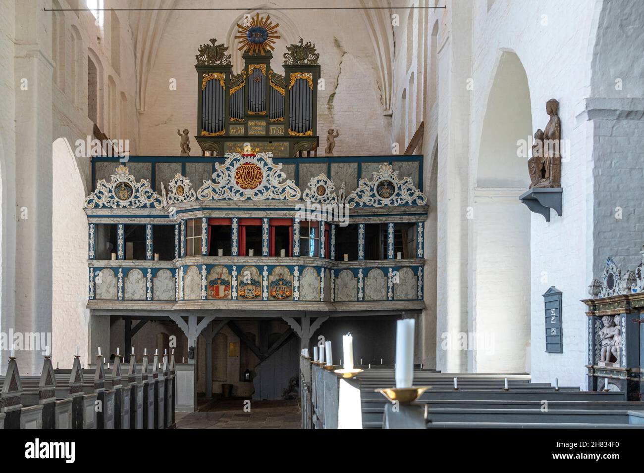 Organ and spaces reserved for the nobility in the Cathedral of the abbey of Børglum. Børglum Abbey, Hjørring, North Central Jutland, Denmark, Europe Stock Photo