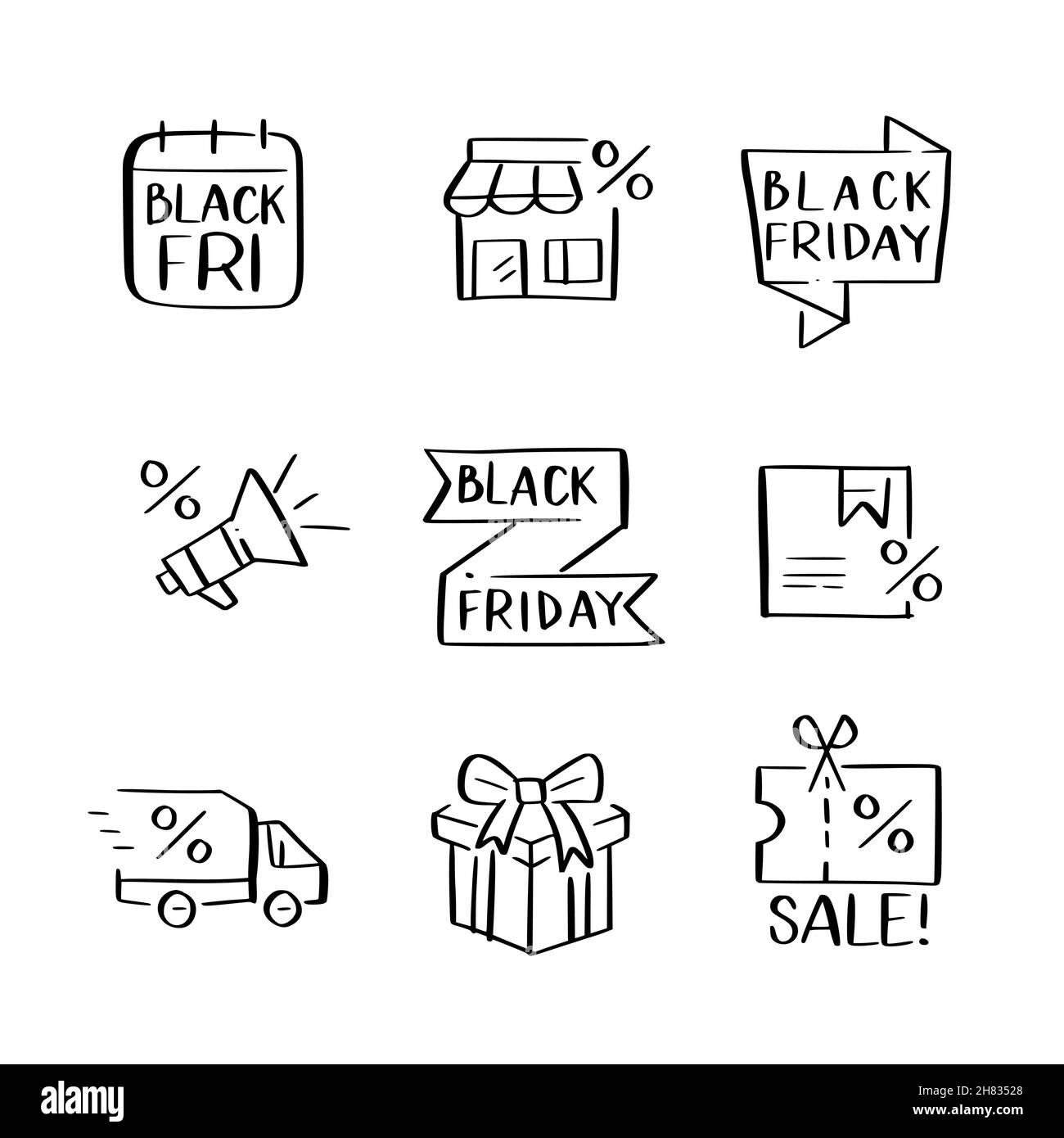 Black Friday sale annual event. Discounted price tags, date in calendar and delivery icons. Doodle sketches Stock Vector