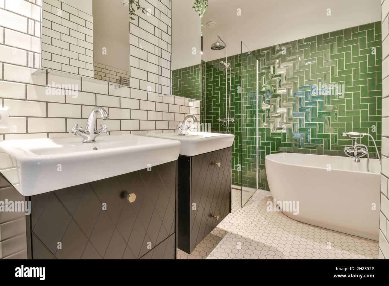 Stylish bathroom with unusual brick tiles and unusual flooring Stock