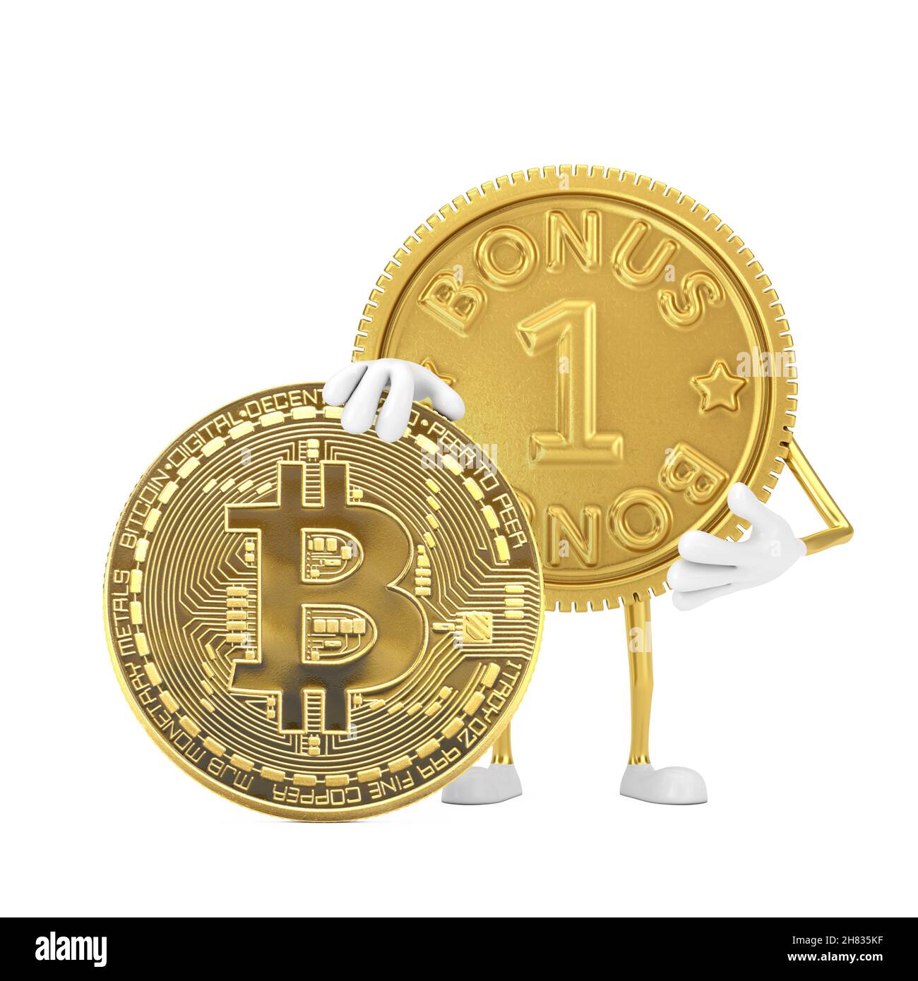 Golden Loyalty Program Bonus Coin Person Character Mascot with Digital and  Cryptocurrency Golden Bitcoin Coin on a white background. 3d Rendering  Stock Photo - Alamy