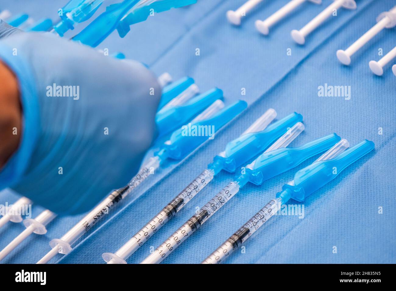 Valencia, Spain; 6th april 2021: Syringes with covid vaccines ready to be dispensed in a Vaccination Center. Covid vaccination campaign Stock Photo